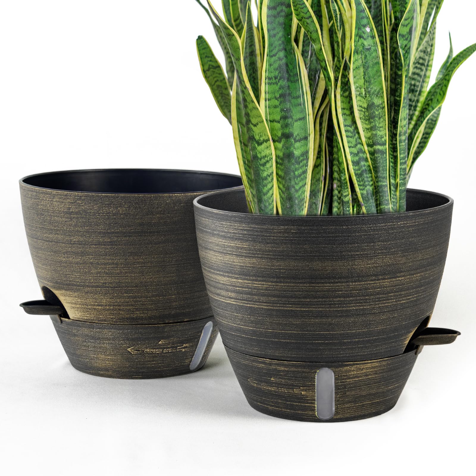 ZMTECH 30 cm Plant Pots with Drainage Holes Saucer Self Watering Planters with Watering Inlet Plastic Flower Pot for Indoor Outdoor Plants (Set of 2, Antique Gold)