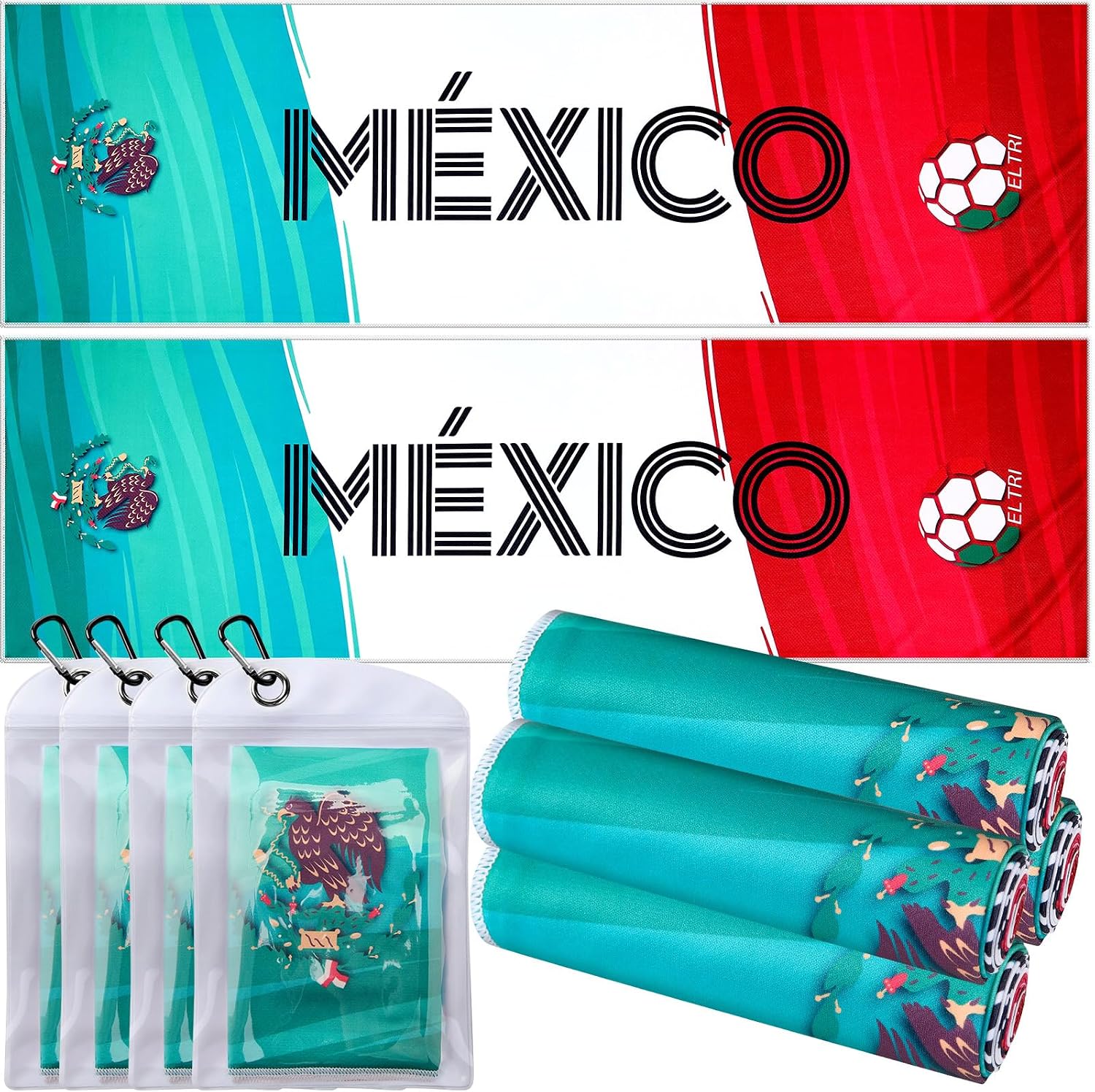 Flutesan Mexico Cooling Towels, 2/4/12 Pack Soccer Neck Ice Towels for Soccer Cheerleaders & Game Day, 40"x12" Reusable Yoga Cooling Towel with Pouch & Clips, Instant Chill for Sports Team