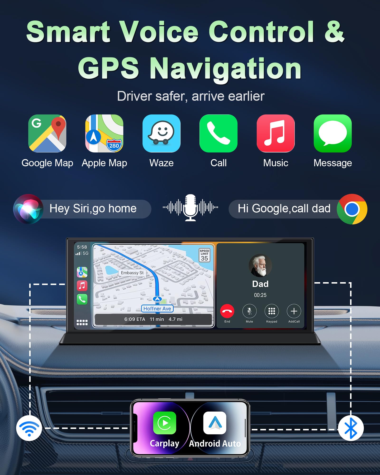 Exclusividad Pantalla Carplay Android Auto Coche de 11,3 Pulgadas con Soporte Estable, Pantalla Car Play Coche con Doble Navegador GPS Bluetooth Siri/GOO-gle para Auto Caravanas