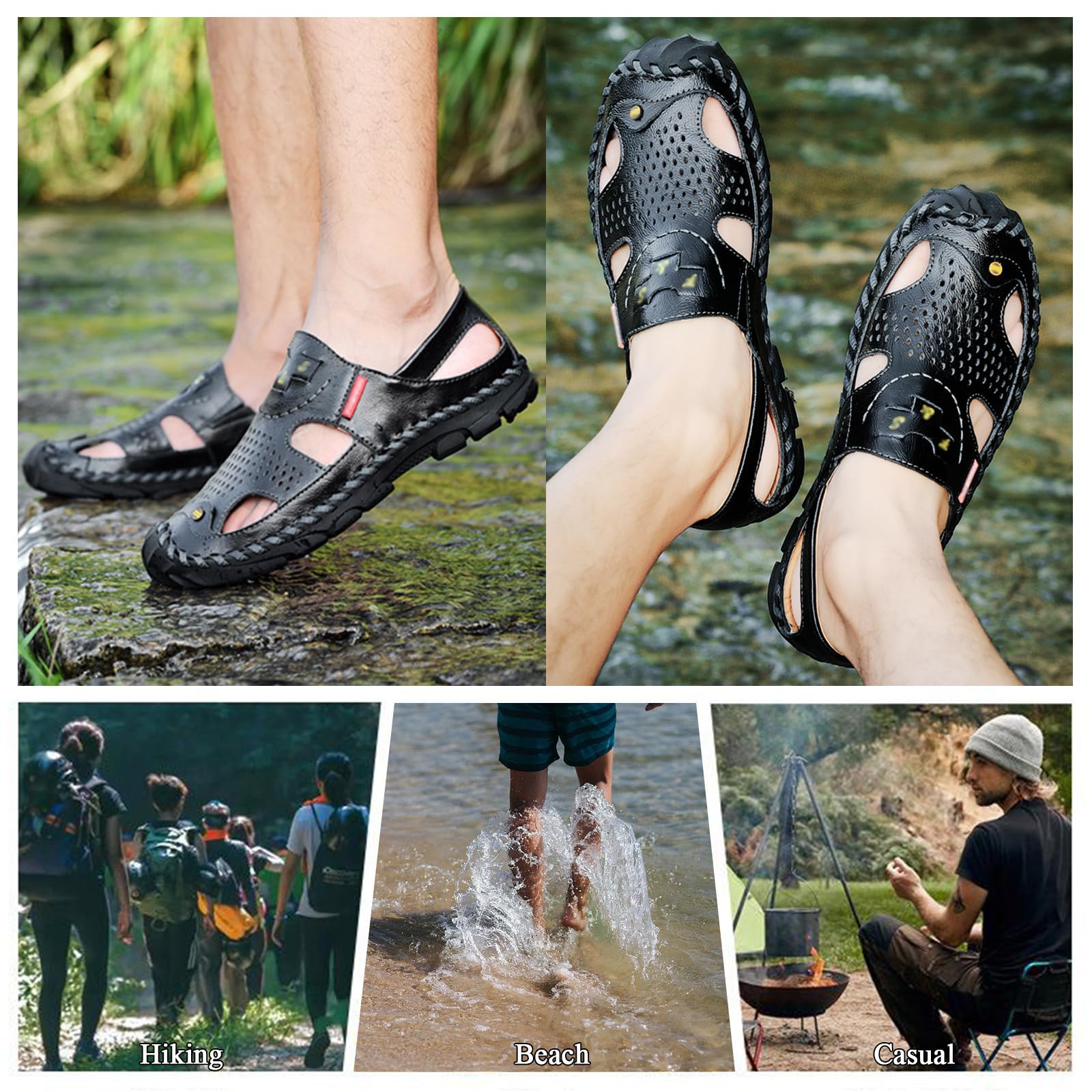 Męskie wsuwane sandały turystyczne, oddychające skórzane sandały plażowe, męskie buty trekkingowe na świeżym powietrzu