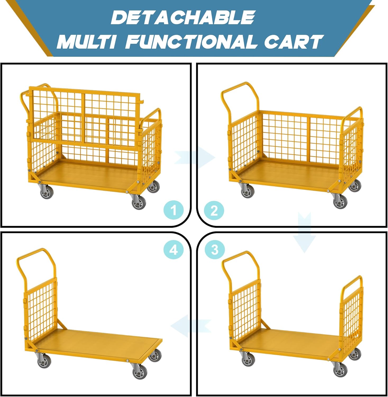 Platform Truck with Cage,5-in-1 Collapsible Heavy-Duty Push Cart Dolly Load 1800 LB,Large Flatbed Hand Truck for Grocery/Laundry/Stall/Storage