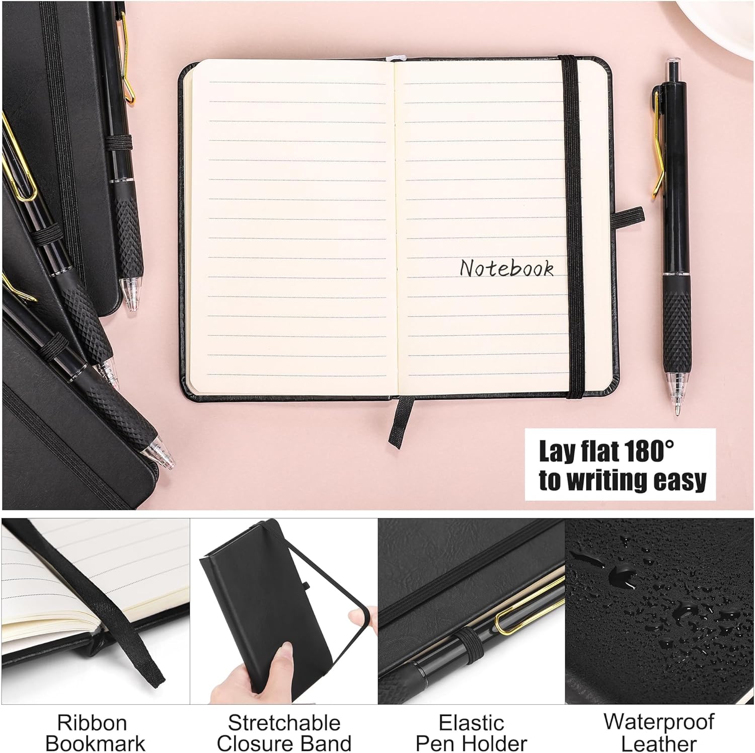 Aodaer 50 Sets Pocket Notebook Journal with Pens, 160 Pages, 3.5 x 5.5 Inch Mini Lined Journal Notebook A6 Leather Hardcover College Ruled Notepad with Pen Holder for School Office Gifts, Black - Image 3