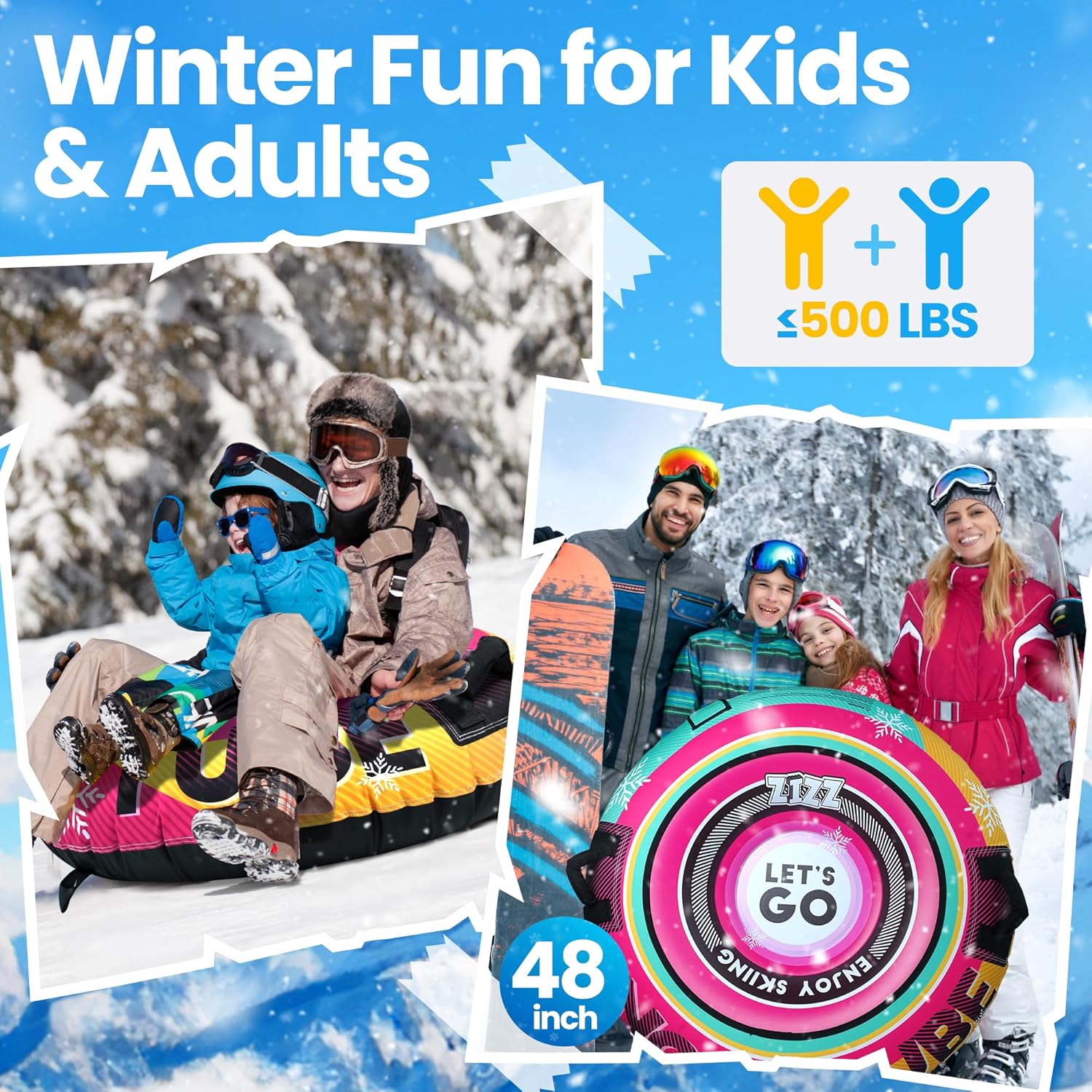 ZIZZ Inflatable Snow Tube Sled - 48'' Snow Tubes for Sledding Heavy Duty with Premium Canvas Covers for Kids Adults Fun Snow Toys Winter Outdoor Toys for Boys Girls Ideal Christmas Birthday Gift