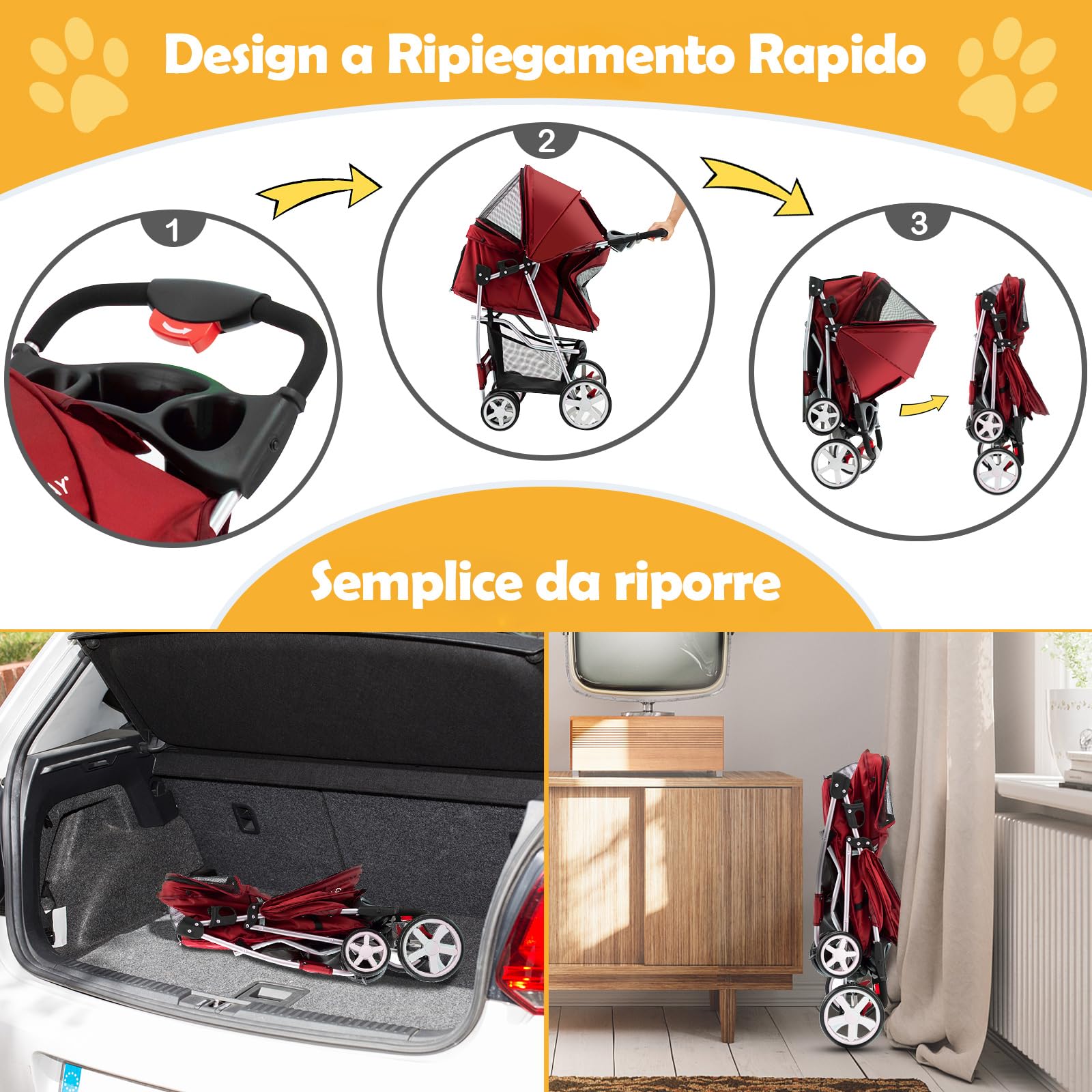 COSTWAY Passeggino per Cani, Carrozzina per Cani Pieghevole Fino a 15 kg, 4 Ruote con Finestra a Rete Porta Bicchiere e Cesto, Passeggino Portatile per Animali Piccola e Media (Rosso)