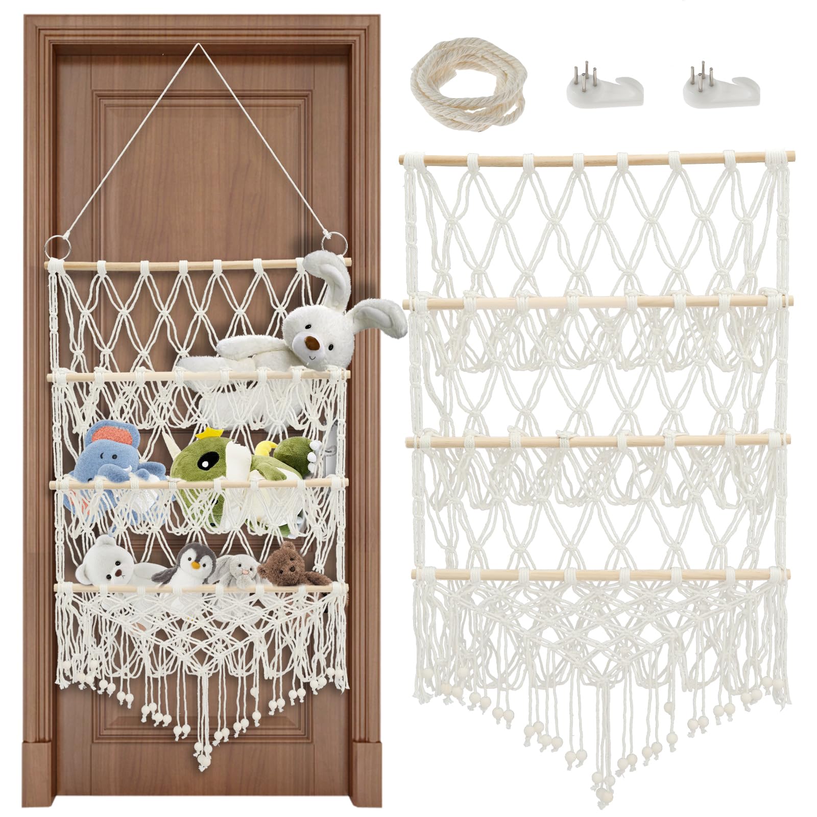 Qinglang Beige 1 3-Layer Stuffed Animal Storage Teddy Hammock Large Capacity Soft Toy Organizer Plush Toy Storage Nursery Hanging Organizer Stable Plush Doll Holder For Kids Children Bedroom Room Decor(Beige 1)