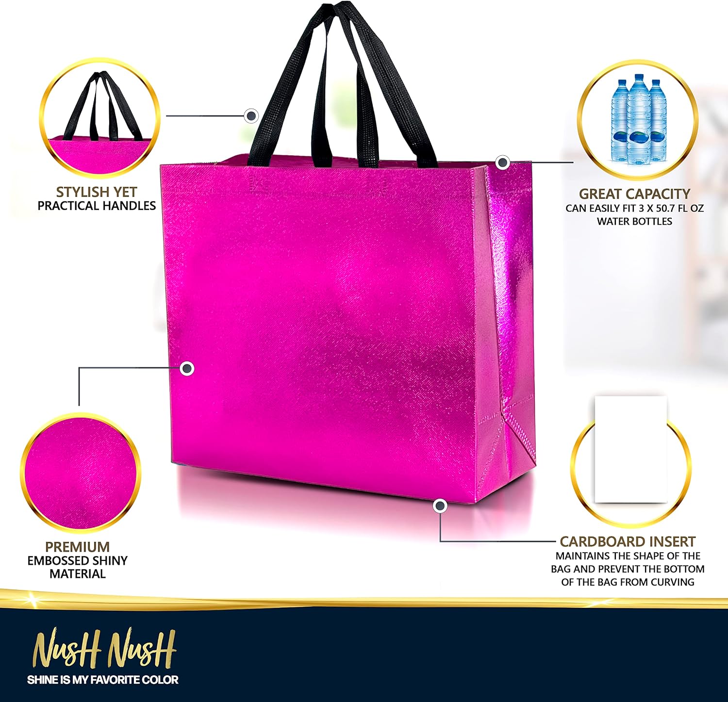 Nush Nush Hot Pink Gift Bags Large Size – Set of 12 Reusable Shiny Pink Large Gift Bags With Handles and Glossy Finish - Perfect Goodie Bag for Women, Birthday Party Favors, Bridesmaids – 13Wx5Dx11H