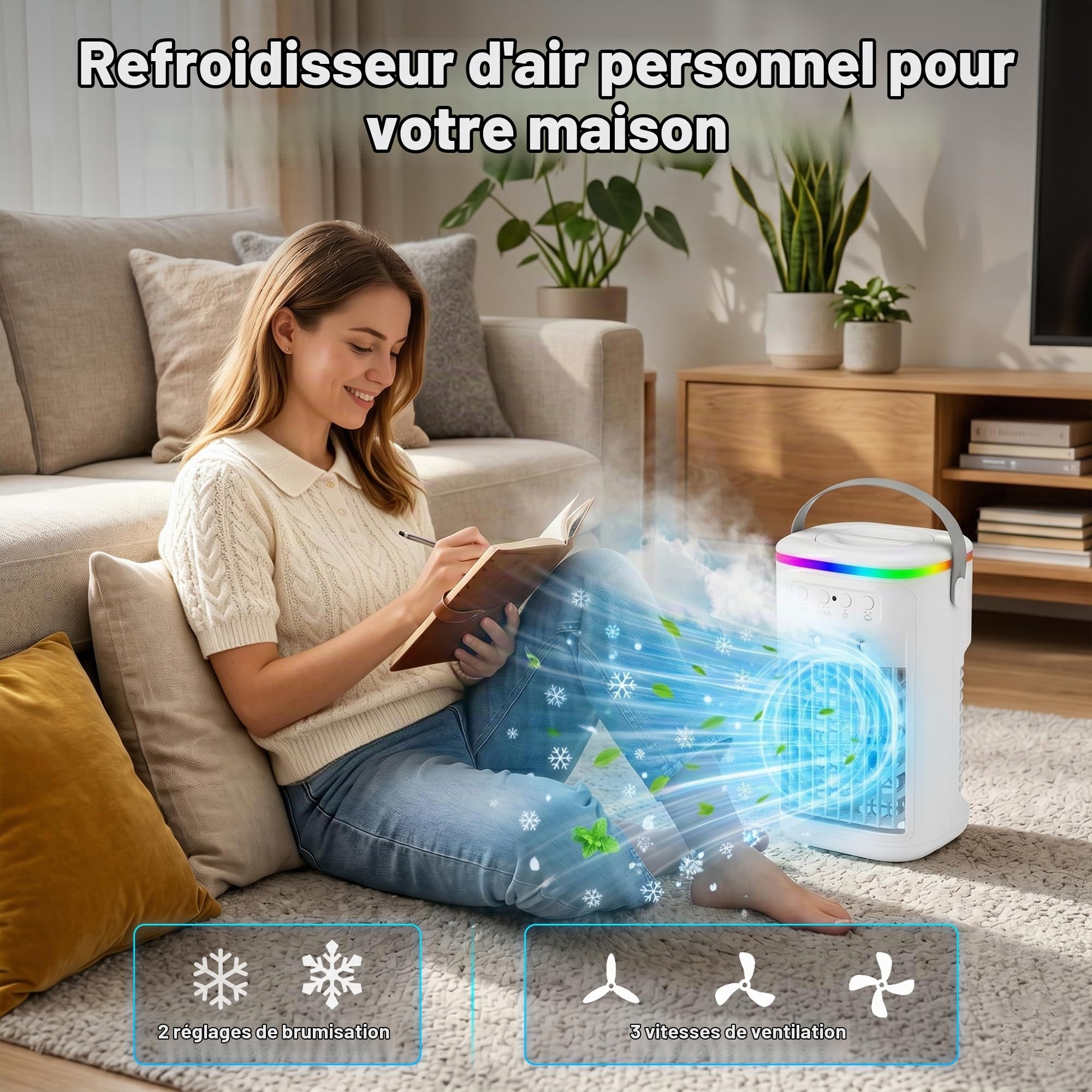 Climatiseur Mobile, Mini Rafraîchisseur d’Air Silencieux avec Télécommande, Ventilateur Brumisateur USB, 3 Vitesses, 2 Modes Brume, Minuteur 1H/2H/4H, LED 7 Couleurs, pour Chambre Bureau