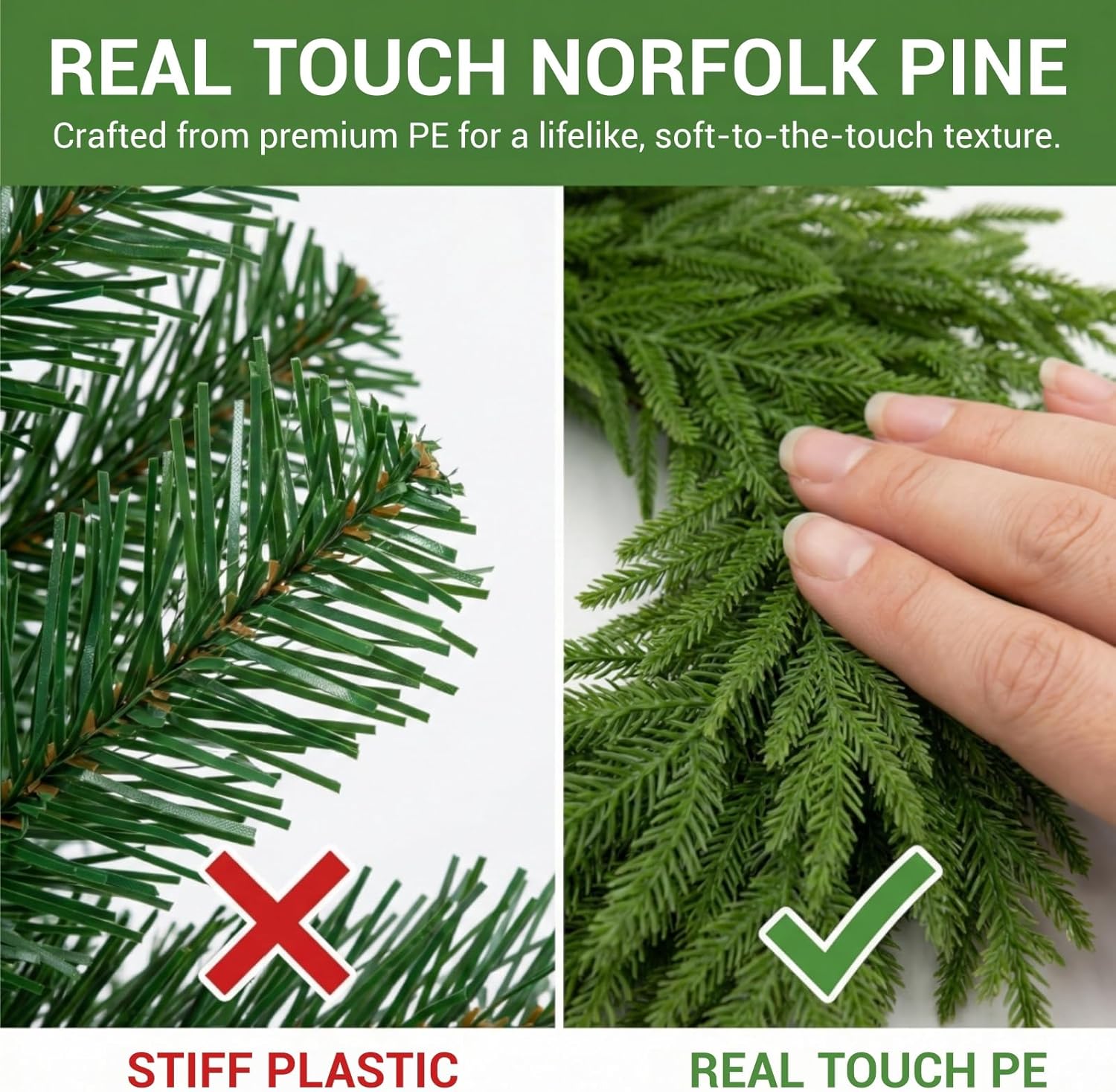 24" Real Touch Norfolk Pine Wreath for Front Door – Artificial Winter Greenery & Farmhouse Wall Decor, All Season Faux Evergreen Round Garland for Spring, Mantel & DIY Base (Waterproof) - Image 2