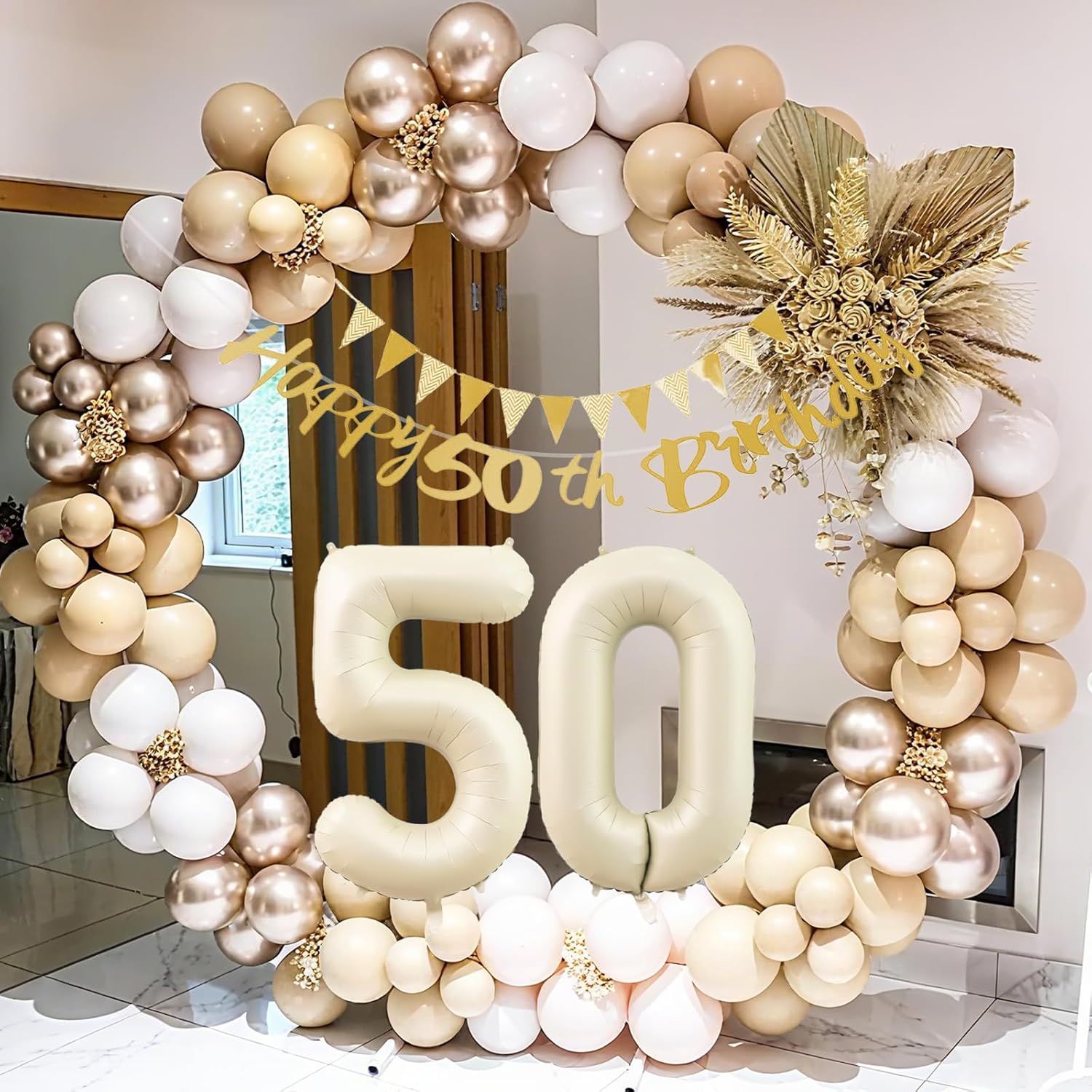 50th Birthday Decorations, Sand White Gold Party Decoration with 50 Year Old Foil Balloon Set, Beige Gold Happy Number 50 Birthday Banner with Cake Decoration for Women Men Boho Party Supplies - Image 7