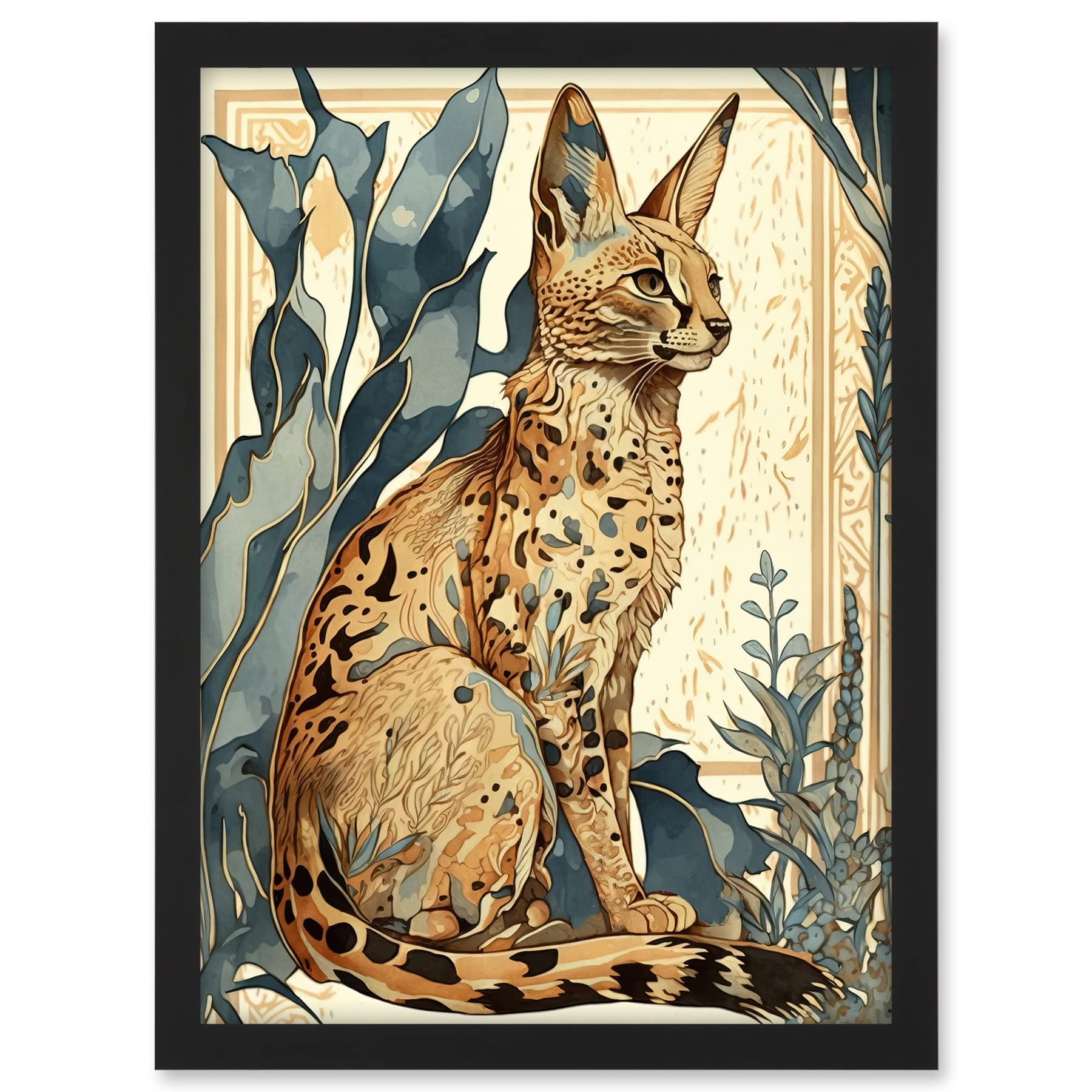 Artery8 Serval Cat with Teal Plants Watercolour Portrait Modern Illustration Artwork Framed A3 Wall Art Print