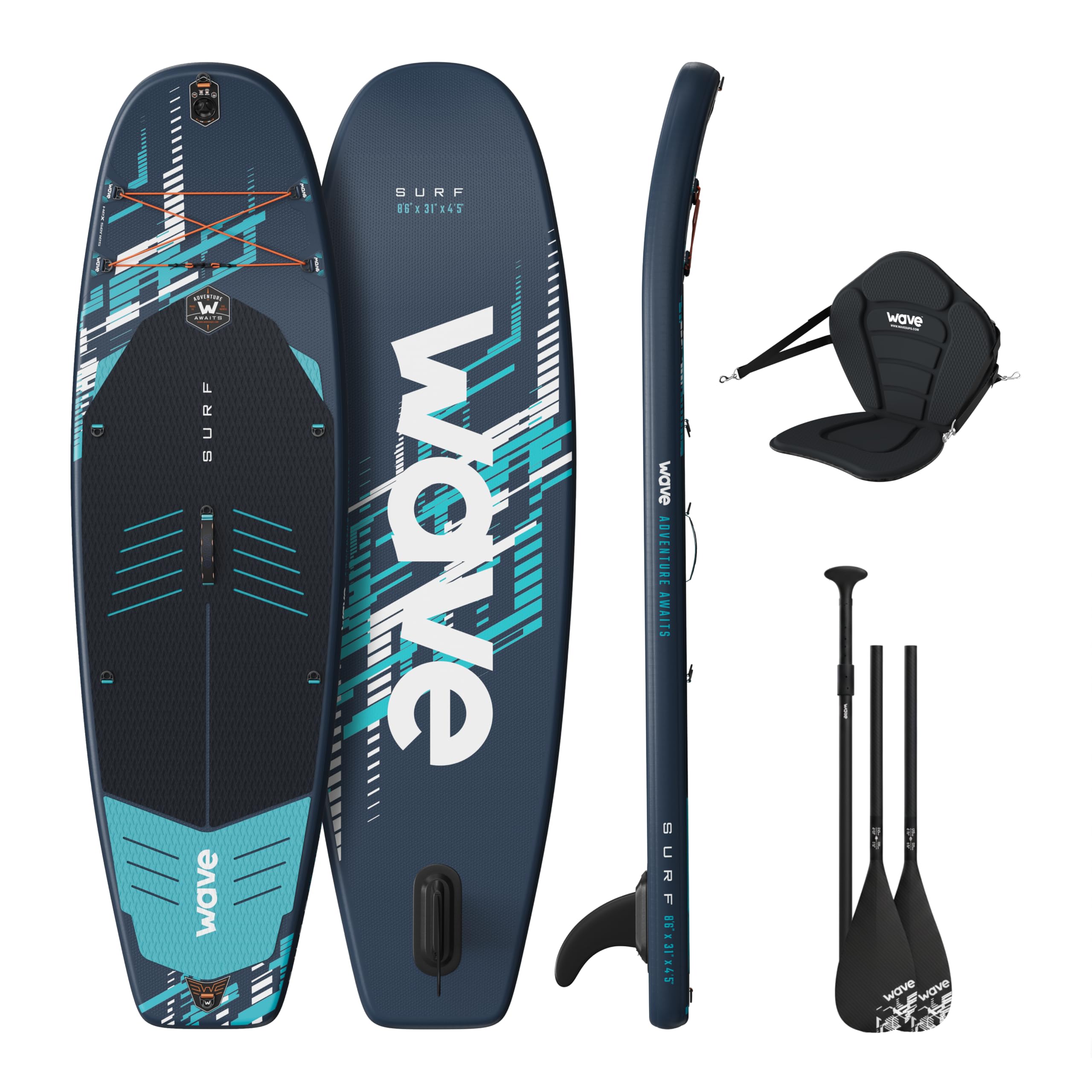 WAVE Surf Kids - Combo de tabla de remo y kayak 2 en 1 | SUP inflable con remo ajustable, asiento cómodo, cubierta antideslizante | 8 pies 6 pies