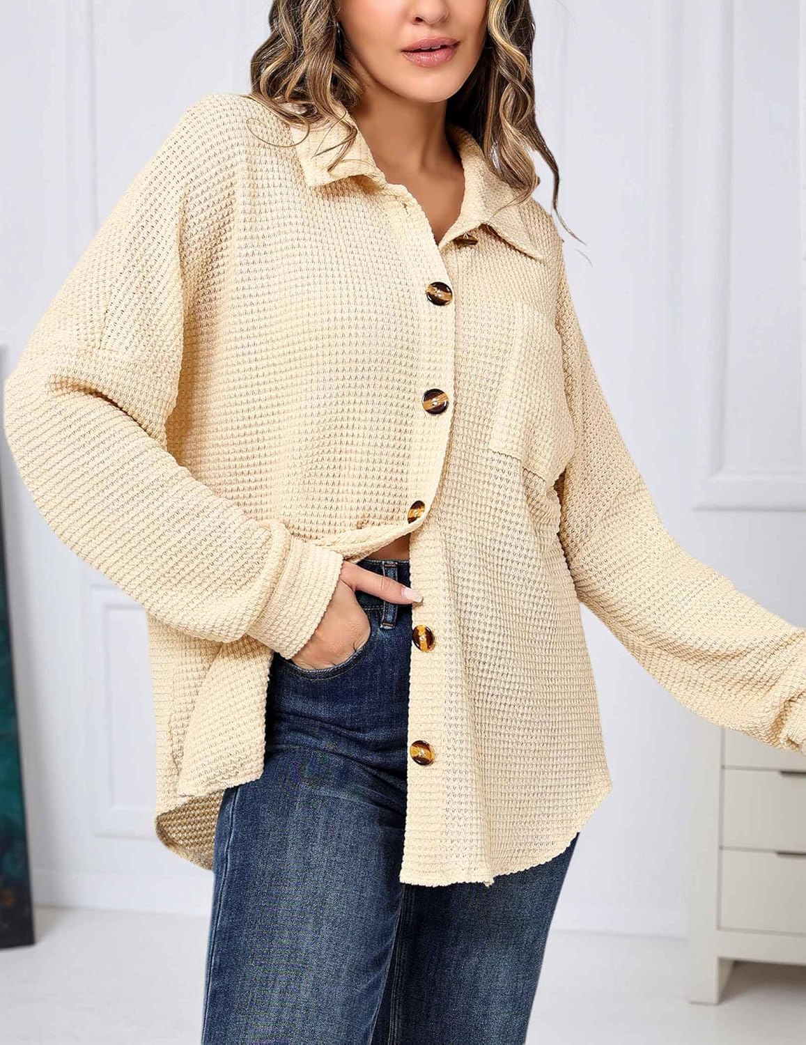 Fall Waffle Knit Long Sleeve Shirt Loose Casual Knit Top with Pockets 2025 Button Down Cardigan Jacket Apricot XL - Image 3