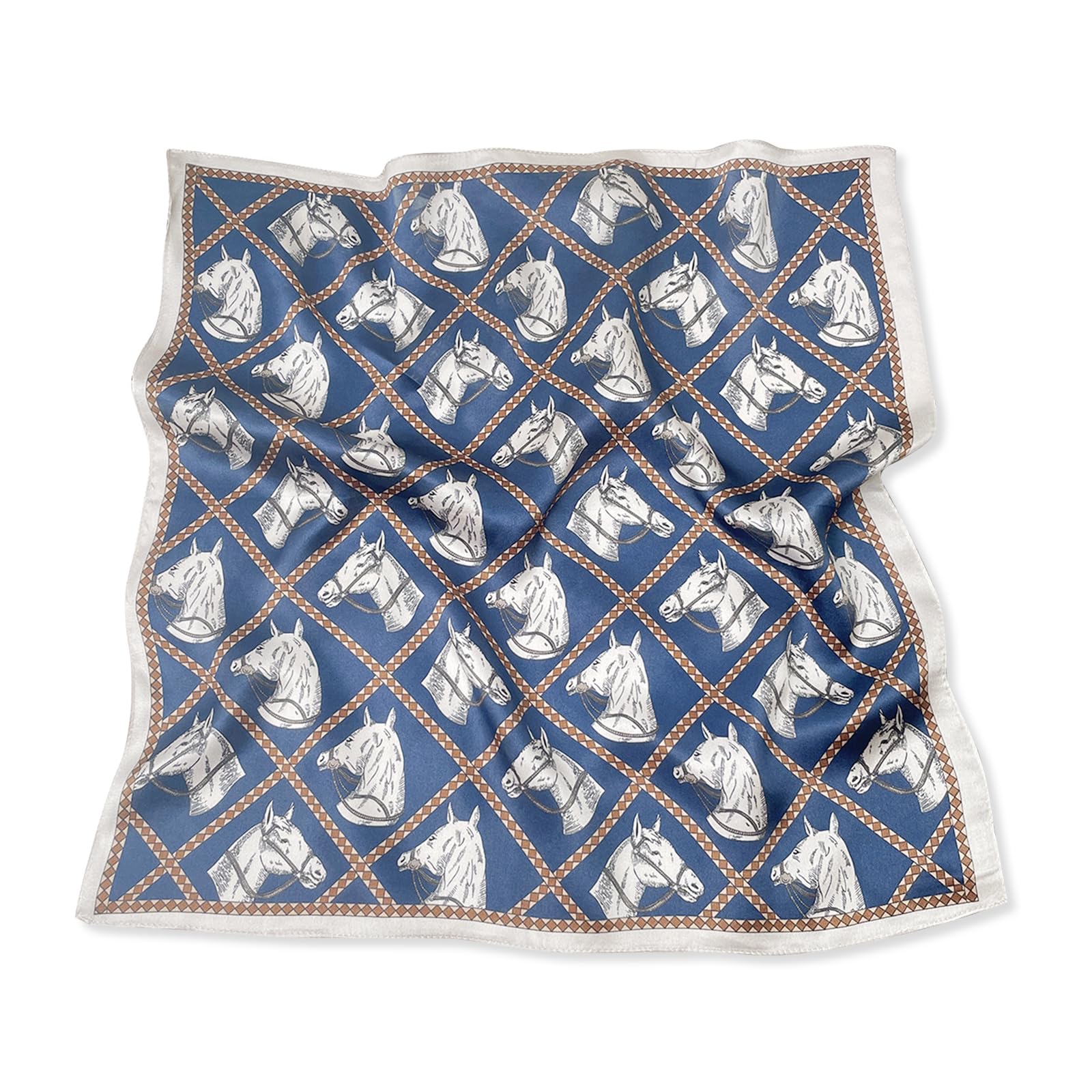 Lumisyne Women's Blue Checkered Horse Silk Scarf Square Scarf Vintage Horse Pattern Lightweight Satin Small Scarves Multifunctional Neckerchief Bandanas Headdress Hairband Handle Wrap Ribbon Scarf 53×53Cm