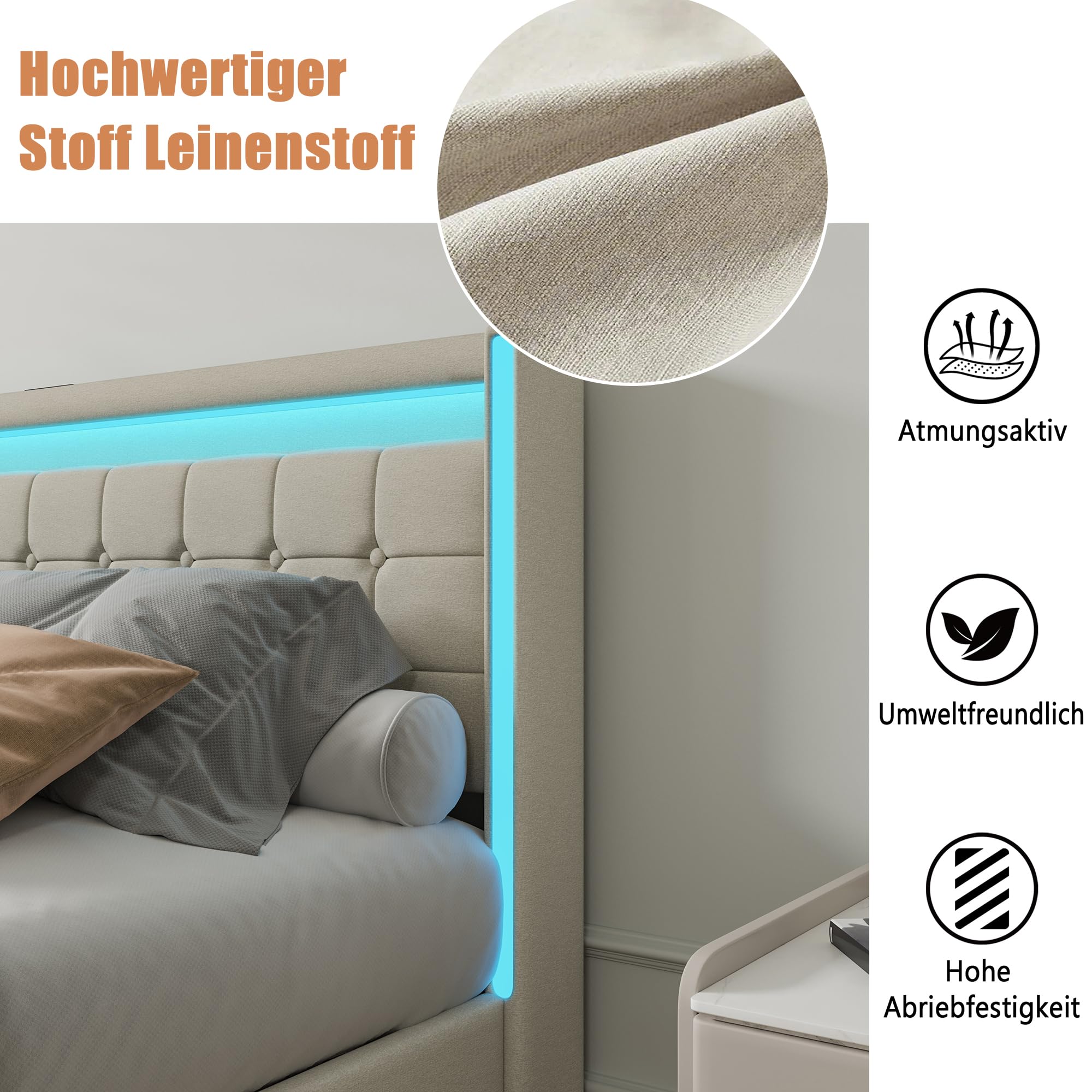 BRILVERDE Łóżko tapicerowane 180 x 200 cm, z miejscem do przechowywania, podwójne łóżko z USB i LED, łóżko młodzieżowe z 4 szufladami, łóżko funkcyjne, rama łóżka ze stelażem, len (beżowe, 180 x 200