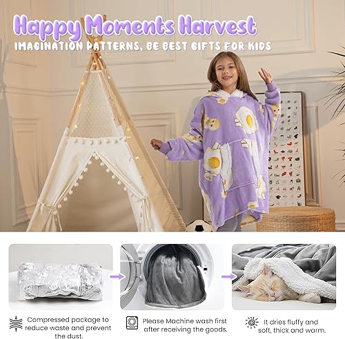 Miniatura 5 de Winthome Manta de gran tamaño con capucha para niños y niñas, encantadora sudadera de franela Sherpa con capucha de gato de 7 a 12 años, felpa