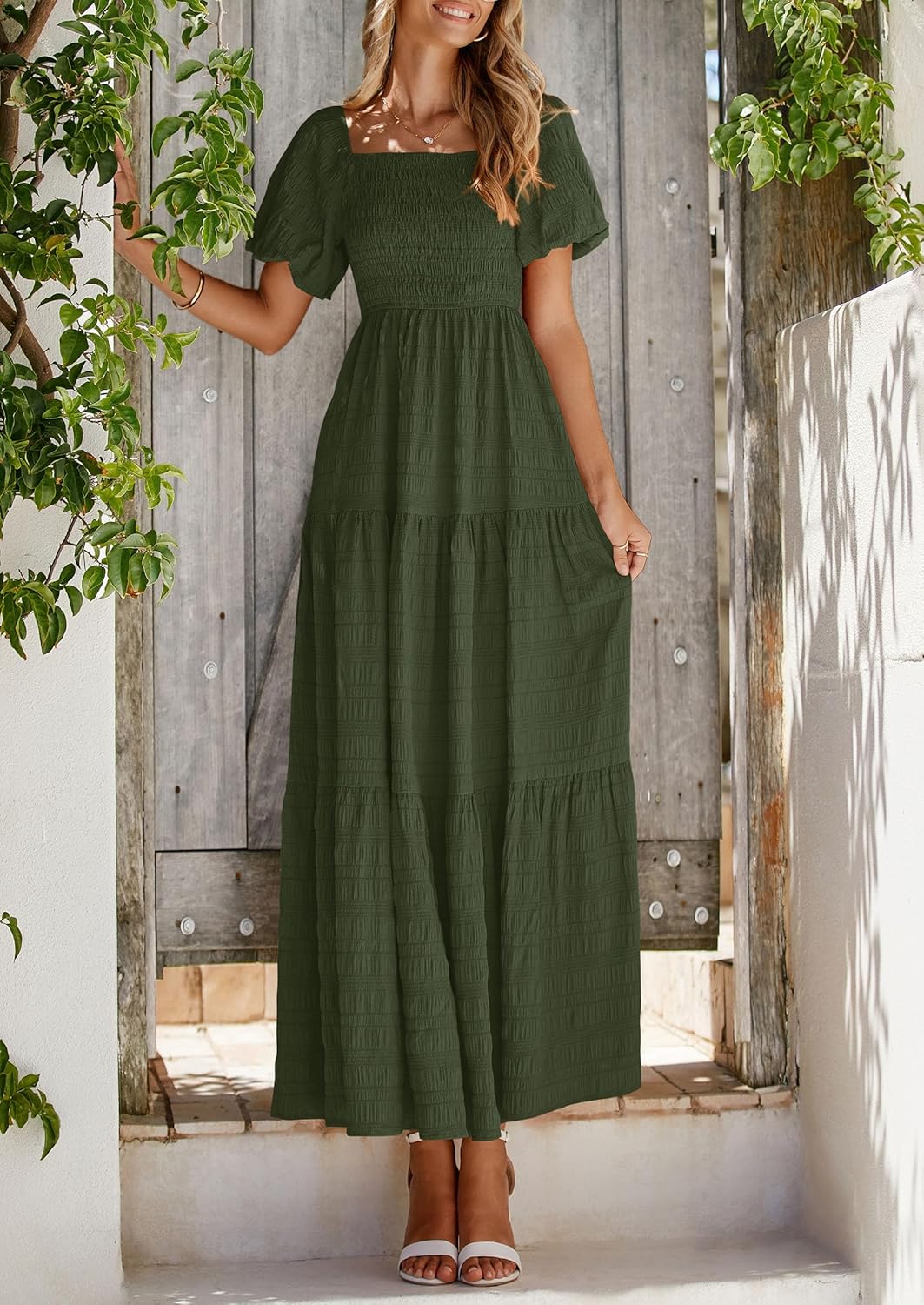 PRETTYGARDEN Womens Summer Puff Short Sleeve Maxi Dress Square Neck Smocked Tiered Ruffle A Line Long Flowy Beach Dresses - Image 8