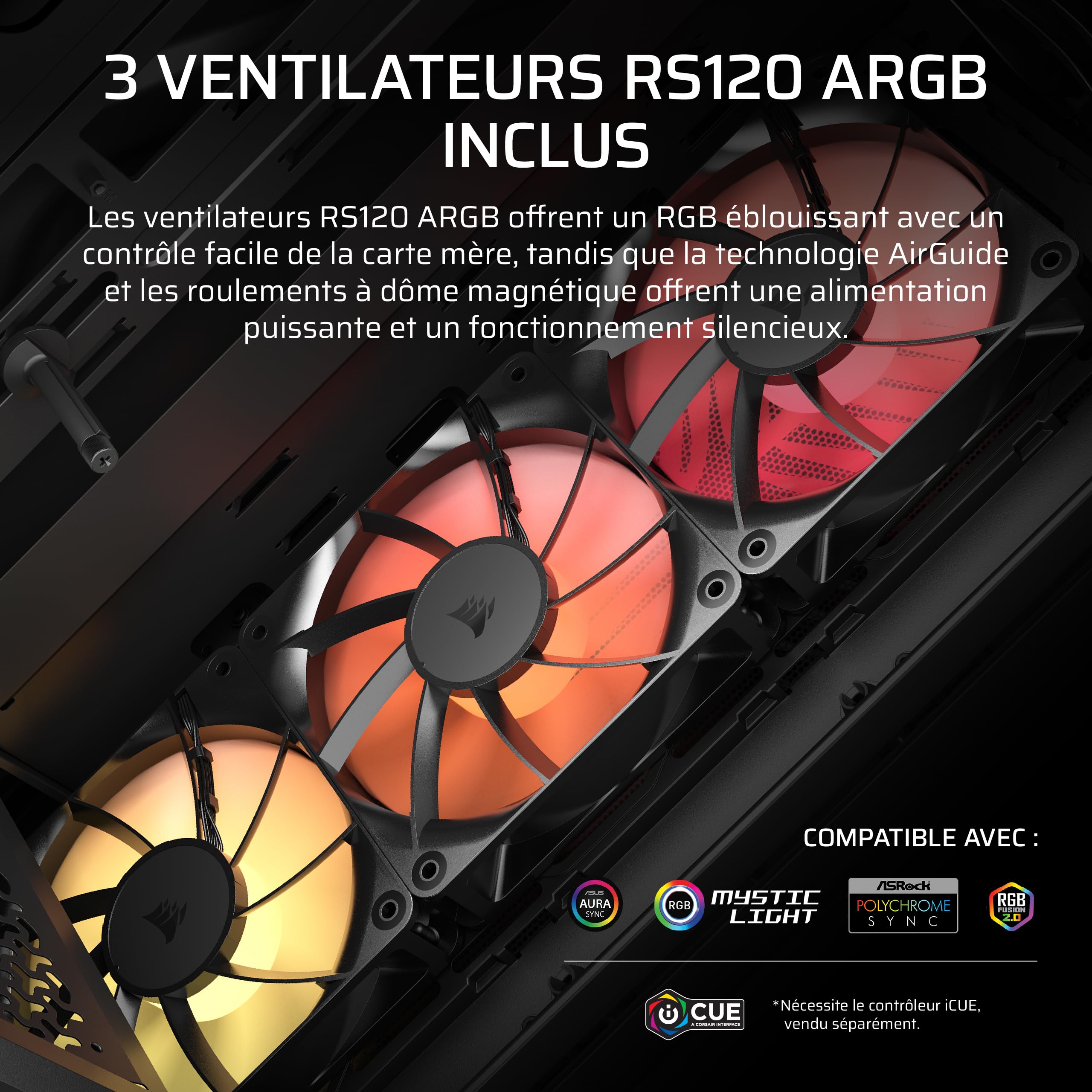 CORSAIR 3200D RS ARGB Boîtier PC Moyen Tour – 3 Ventilateurs Inclus – Fumée