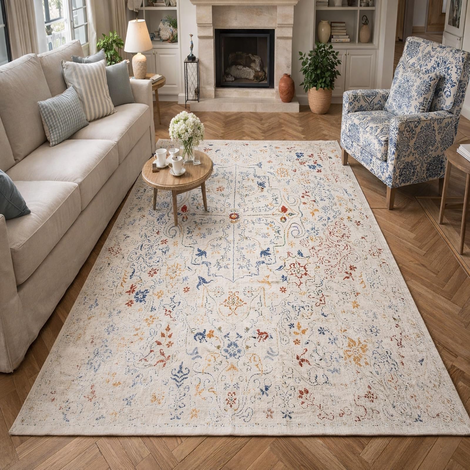 Generisch Dywan nadający się do prania, wzór kwiatowy w stylu vintage, biały, czerwony, niebieski, żółty, beżowy, 100 x 160 cm, z krótkim włosiem, do kuchni, ogrodu zimowego, wejścia, korytarza