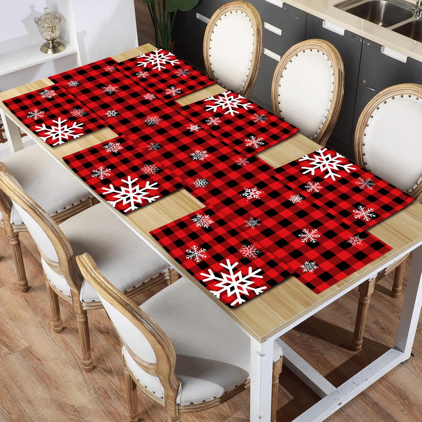 Irenare 7Pcs Christmas Table Runners Placemats Christmas Decorations Red and Black Plaid Dining Table Mats Set Vintage Gingham Holiday Placemats (Snowflake Style)