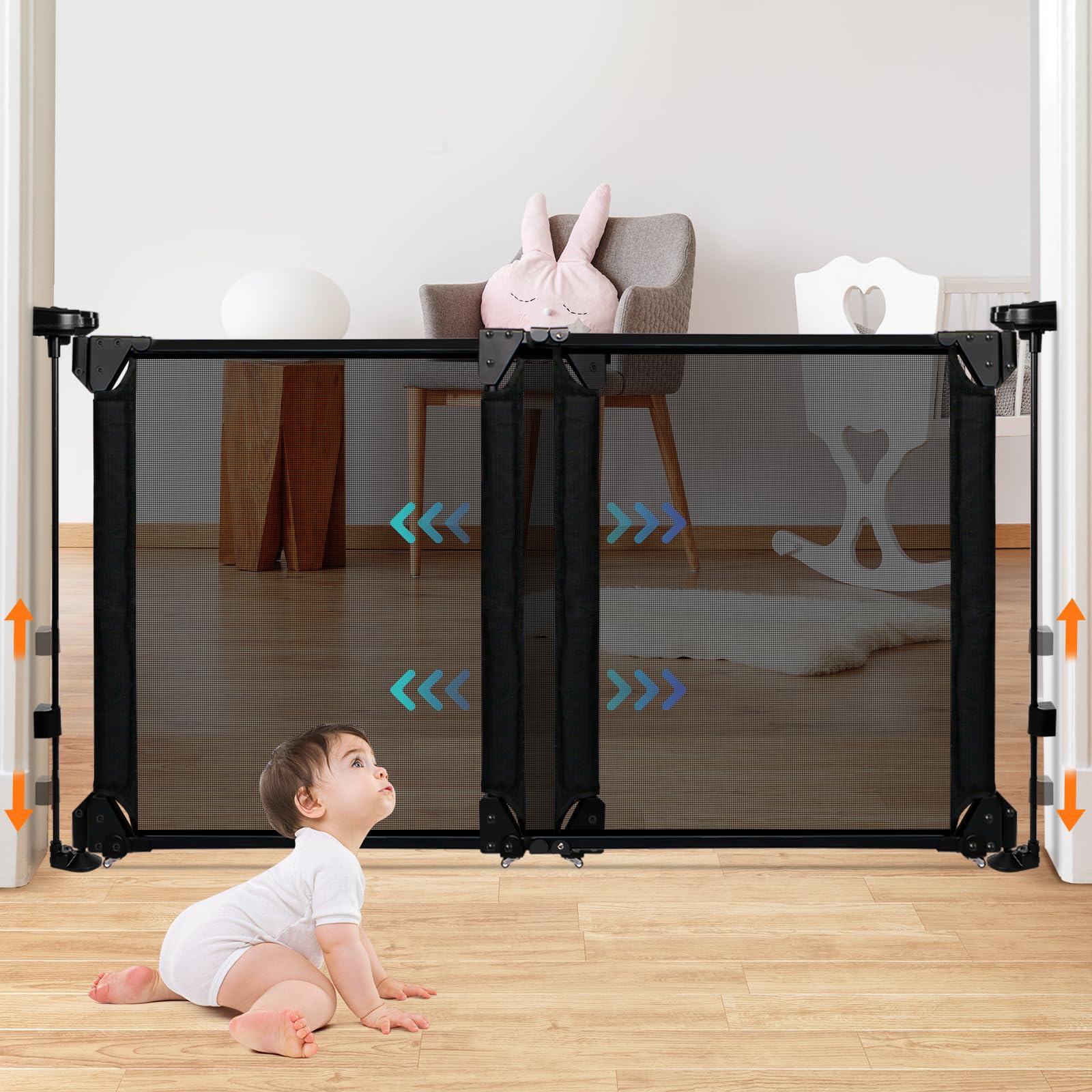 34-55" Adjustable Width Baby Gate, Foldable Extra Wide Baby Gate, Metal Frame, Dual Openings, No Bottom Bar Baby Gate for Stairs, Doorways, Hallways, Porches, Decks, Mesh Baby Gate Child Gate Dog Gate
