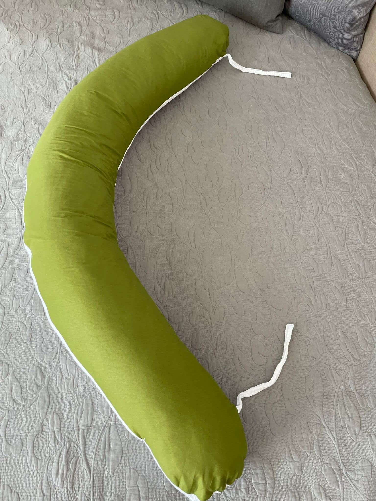 LOOLAY Cuscino per gravidanza – Cuscino per allattamento 170 cm – Cuscino per chi dorme sul fianco 100% cotone – con rivestimento rimovibile – Cuscino ergonomico per dormire (bianco e verde oliva)