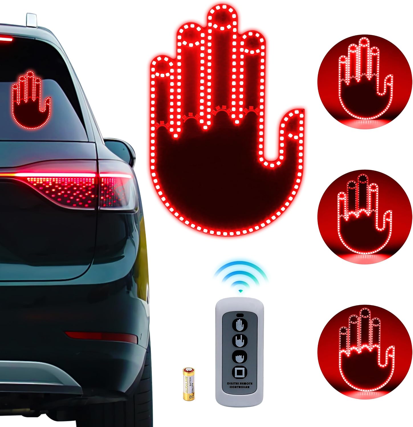 Hand Gesture Light for Car - 3 in 1 LED Finger Light with Remote Control | Back Window Sign for Drivers, Funny Car Accessories & Road Rage Gadgets (Red)