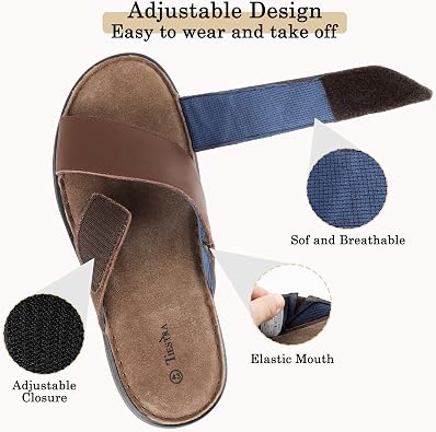Mens Leather Sandals Wide Fit Walking Hiking Sandals Sports Outdoor Open Toe Sandals Comfortable Soft Summer Beach Shoes Adjustable Straps