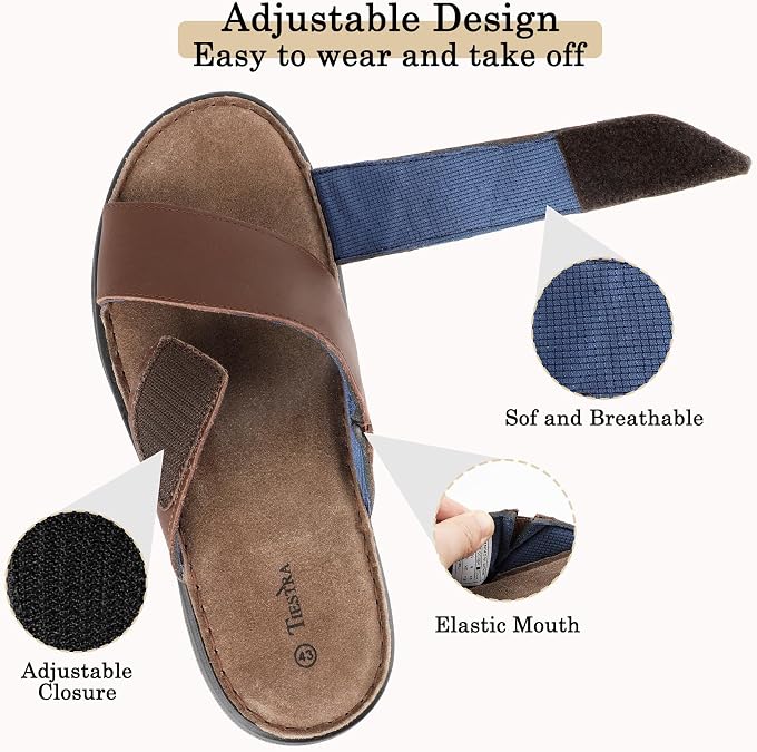 Mens Leather Sandals Wide Fit Walking Hiking Sandals Sports Outdoor Open Toe Sandals Comfortable Soft Summer Beach Shoes Adjustable Straps