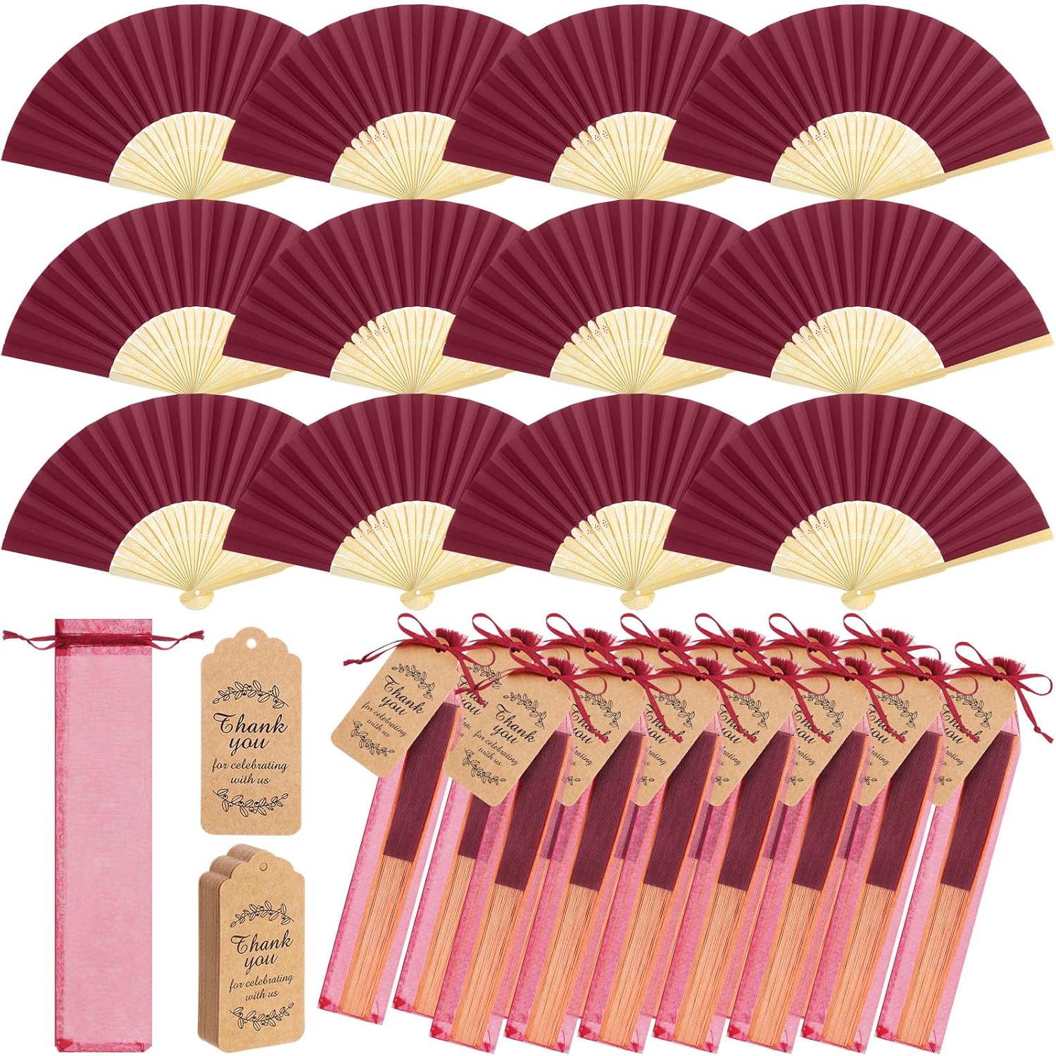 Roowest 50 Pack Handmade Paper Folding Fans with Gift Bags Thank You Card, Bamboo Handheld Folded Fan for Home DIY Office Decor Wedding Party Baby Shower Party Gift Accessories (burgundy wine)
