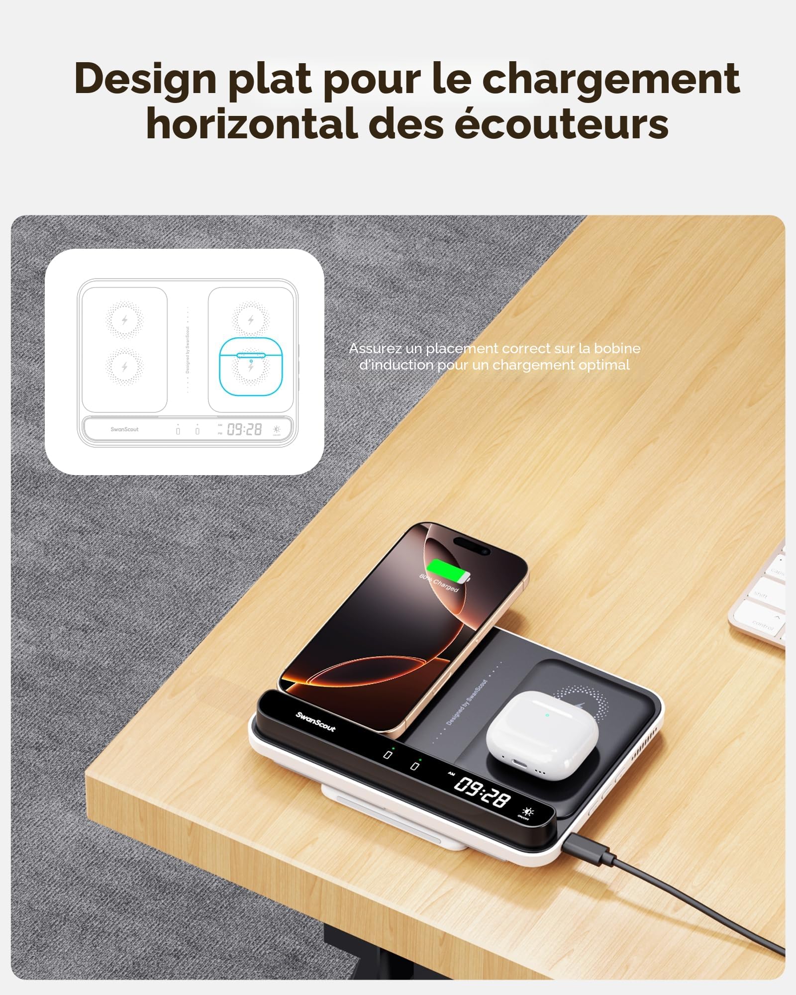 Double Chargeur Induction pour iPhone, Station de Charge pour 2 Téléphone | Chargeur sans Fil pour 2 iPhone Air/17 Pro Max/17 Pro/17/16/15, pour Apple Watch 11/10/Ultra 3/SE 3, Earbuds, SwanScout 710A
