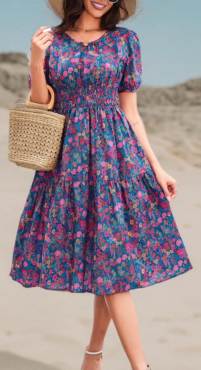 Kormei Women Summer Casual Boho Floral Round Neck Short Sleeve Smocked Waist Tiered Flowy Swing Midi Dress - Image 6