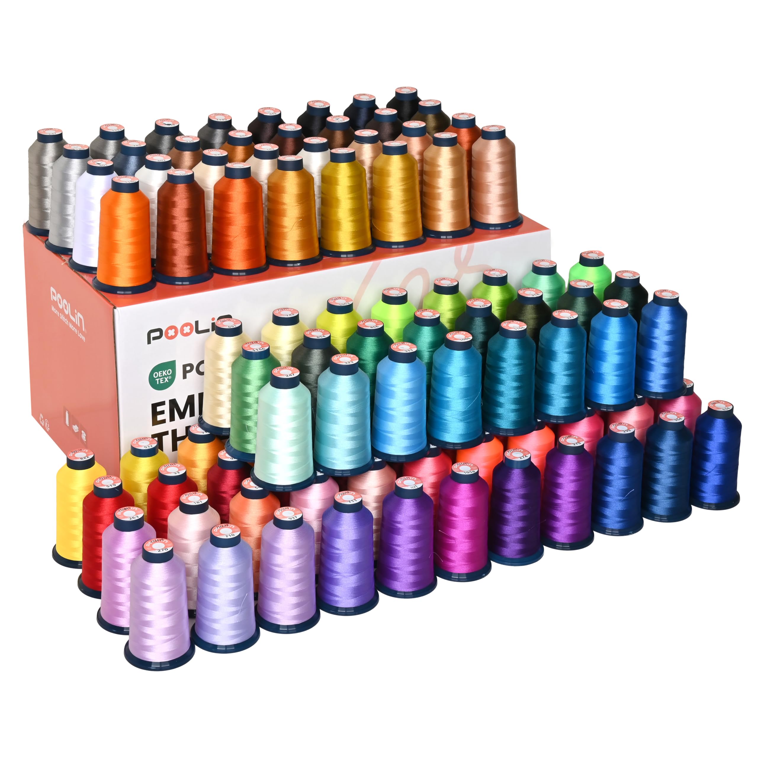 PooLin - Hilo para bordar (100 bobinas x 4000 m, poliéster 40 wt, compatible con máquinas de agujas únicas y multiagujas, negro, blanco, rojo, azul, verde, rosa, púrpura, amarillo, no lavable y