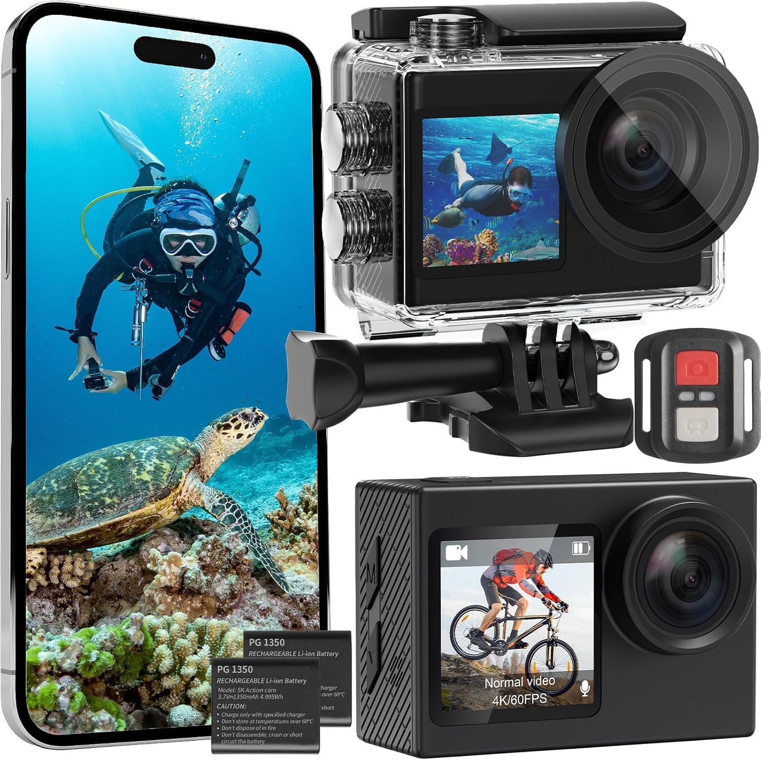 Actioncam 4K 60FPS WiFi Unterwasserkamera 40MP 40 Meter wasserdicht mit Touchscreen, 170° Weitwinkel, EIS-Bildstabilisierung, 5X Zoom, 2,4G Fernbedienung & 2 Akkus 1350mAh