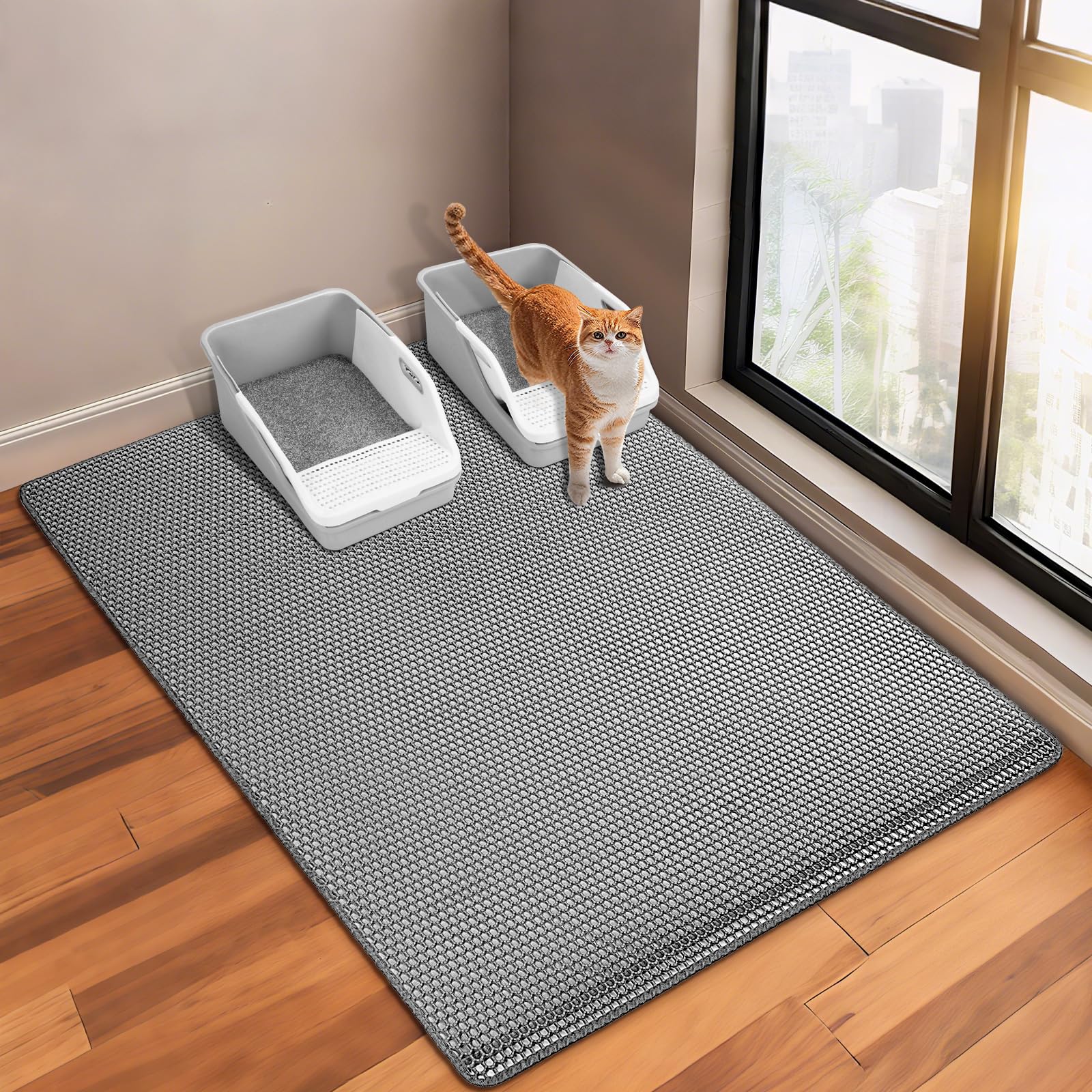 GRELY Cat Litter Mat,XL47''X 28'' Extra Large Litter Trapping Mat,Kitty Litter Box Mat,Double Layer Cats Rug for Pet, Litterbox Mats for Floor,Waterproof Urine Proof,Non-Slip