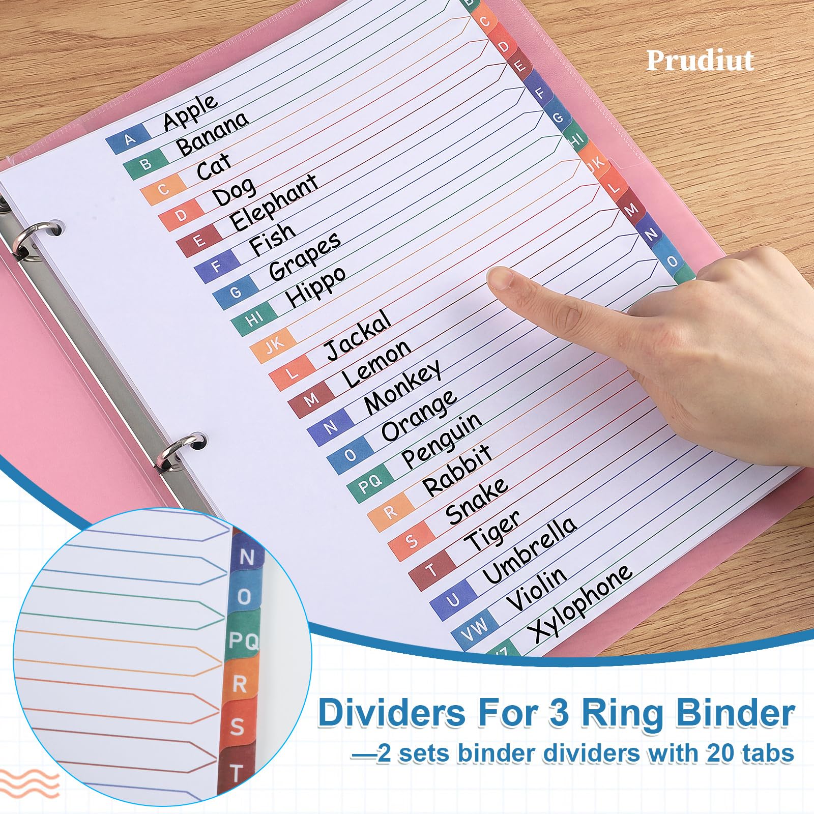 Alphabet-Trennblätter für 3-Ringordner, 20 Registerkarten mit Reitern, weißes Papier, Notizbuch-Trennblätter mit mehrfarbigen Reitern, 21,6 x 27,9 cm, 2 Stück