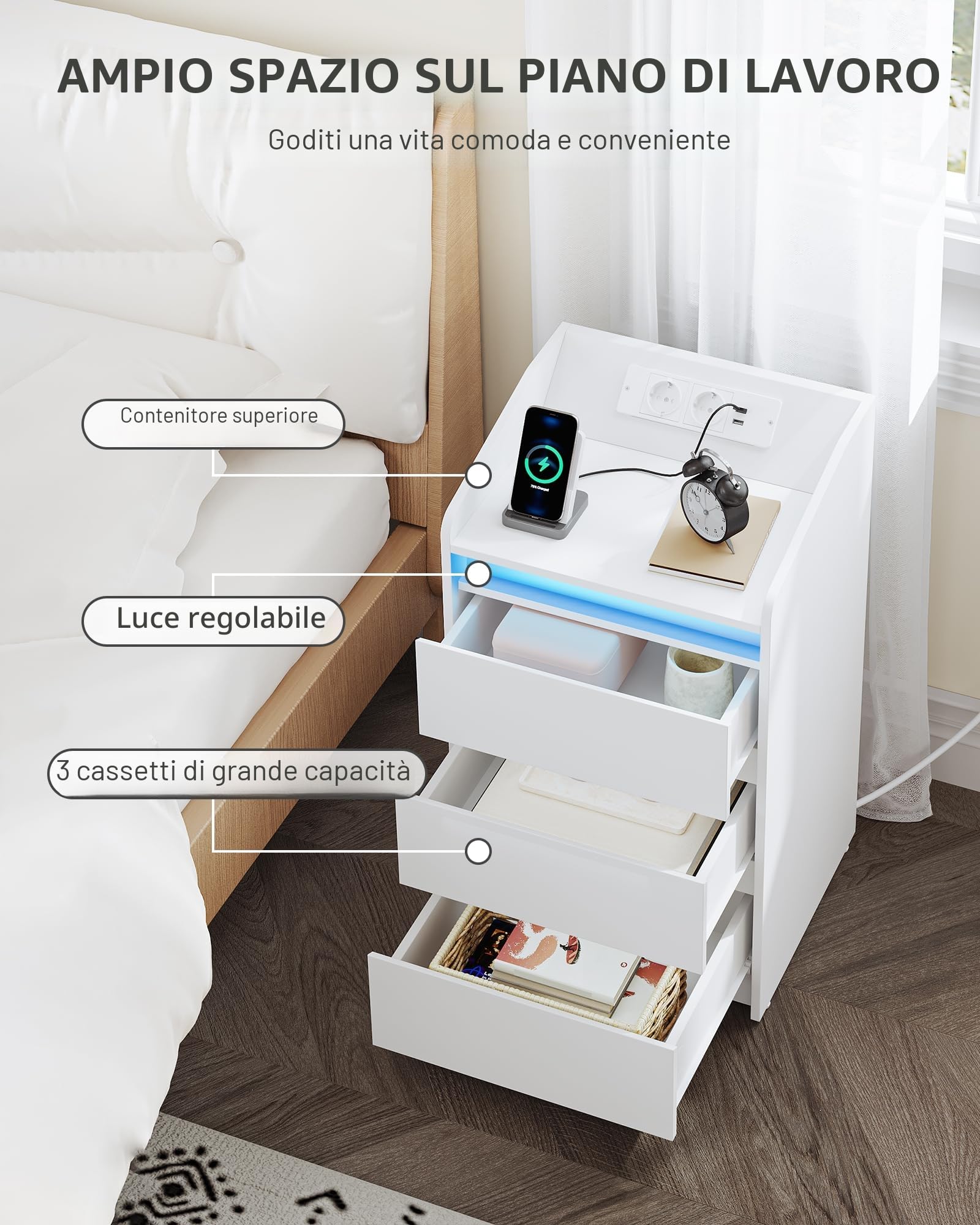 Hzuaneri Comodino con 3 Cassetti, Tavolino con Stazione di Ricarica LED, 2 Prese CA e 2 Porte USB per Camera da Letto, Soggiorno, Bianco NS40003X
