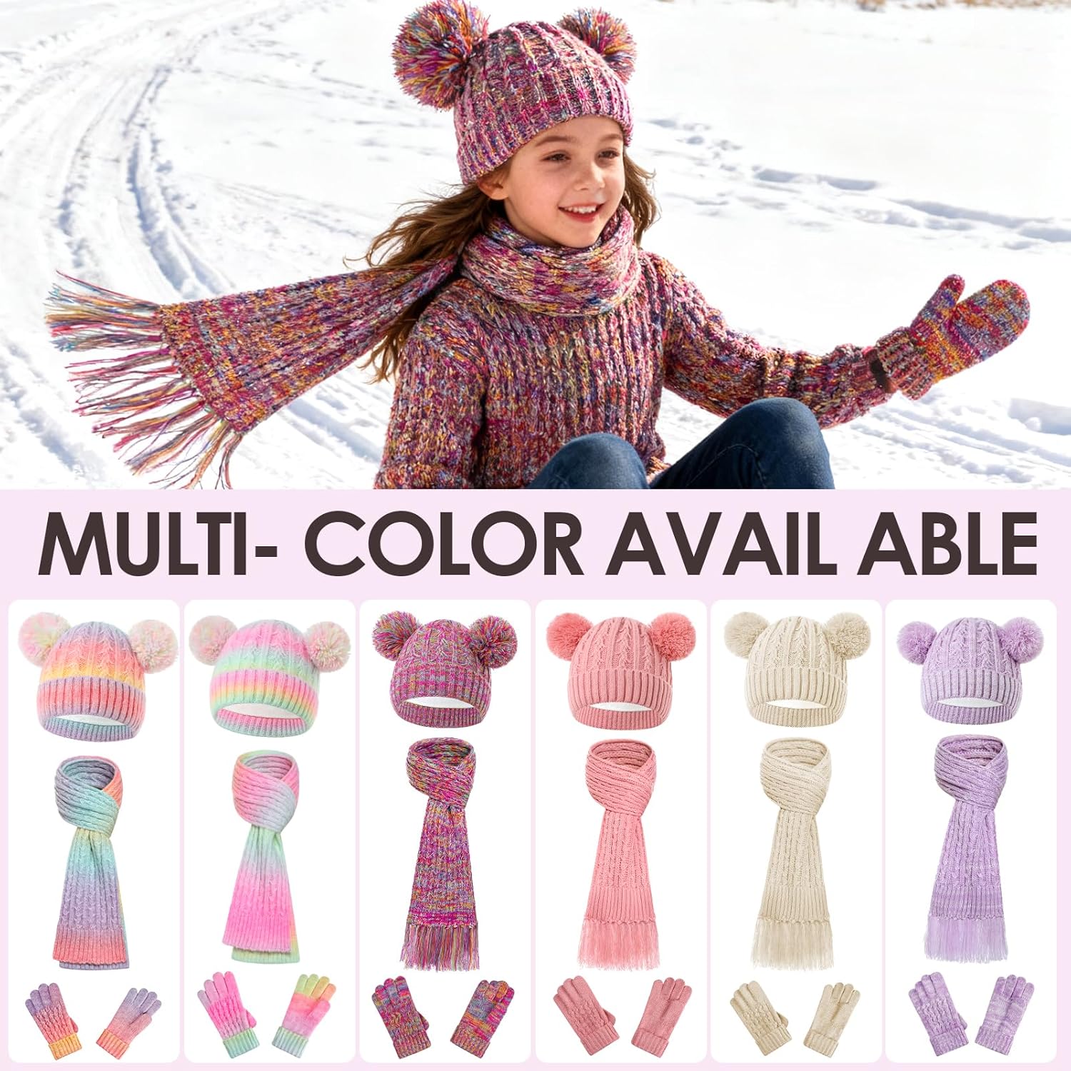 Kids Winter Hat Gloves Scarf Set for 2-15 Years Girls Warm Fleece Lined Pompom Beanie Hat Neck Warmer and Gloves - Image 7
