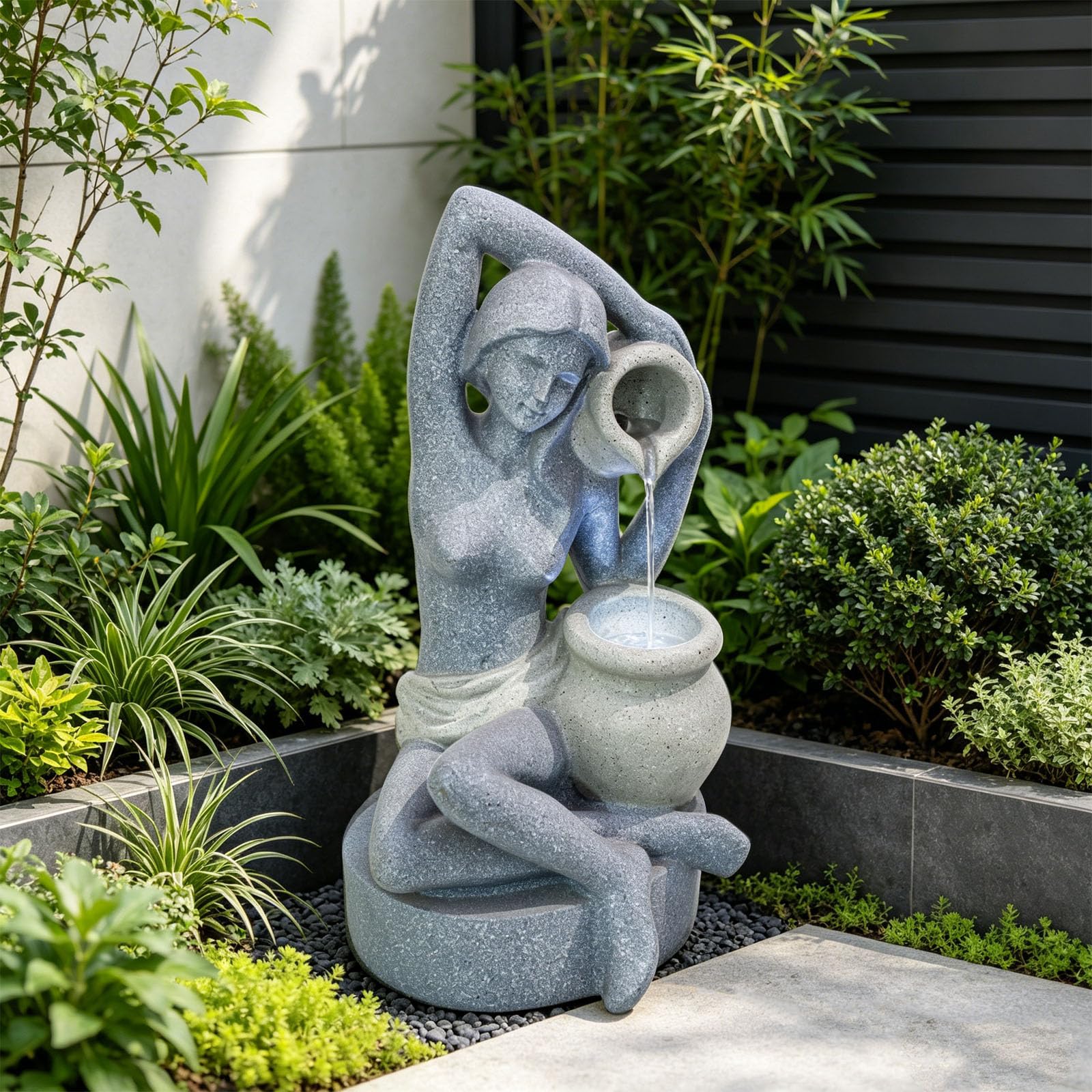 Elegant Lady Outdoor Water Fountain, Resin with LED, 23.6 in