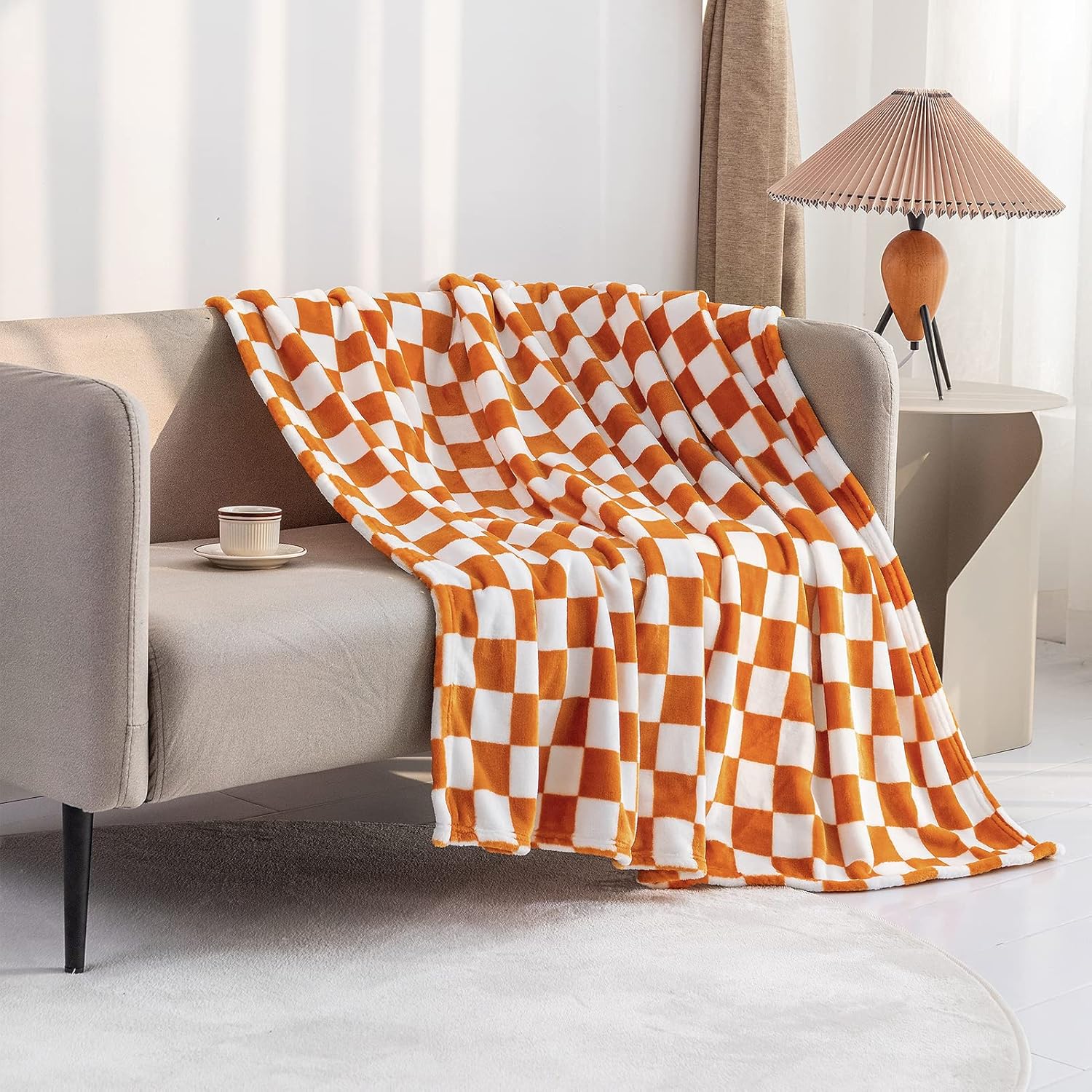 LOMAO Throw Blankets Flannel Blanket with Checkerboard Grid Pattern Soft Throw Blanket for Couch, Bed, Sofa Luxurious Warm and Cozy for All Seasons (Orange, 40"x60") - Image 2
