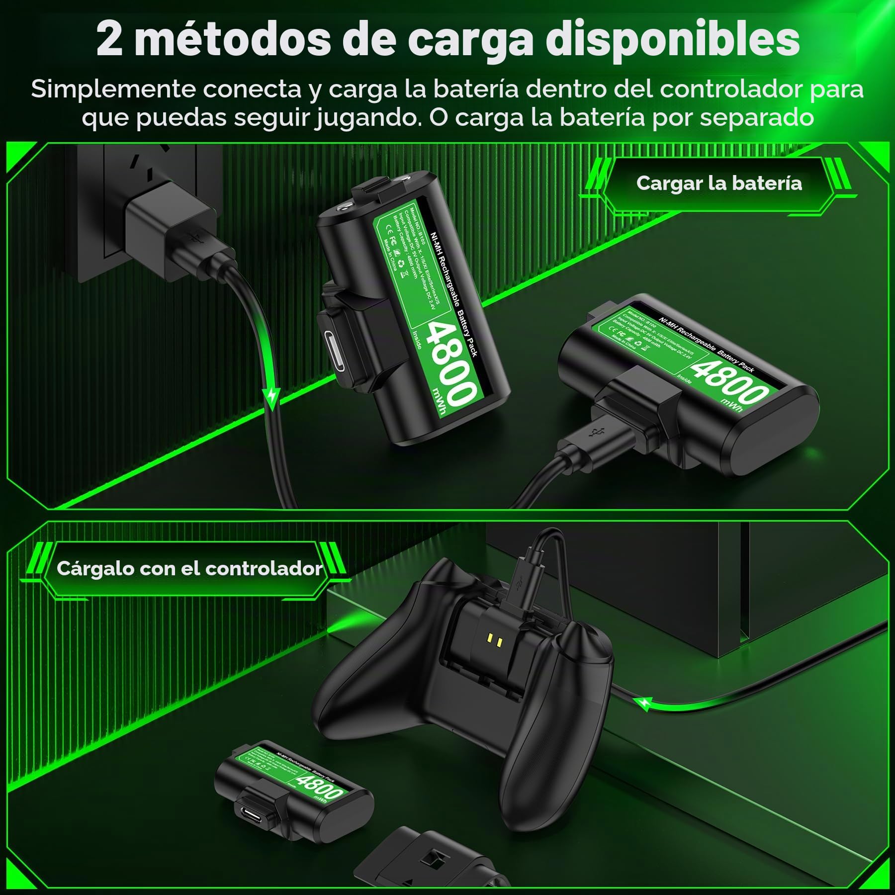 2 x 4800 mWh - Batería para Mando Xbox Series X, Recargable para Mando Xbox con 12 Horas de reproducción, Compatible con los mandos Xbox Series X/S, Xbox One S/X/Elite(Negro)