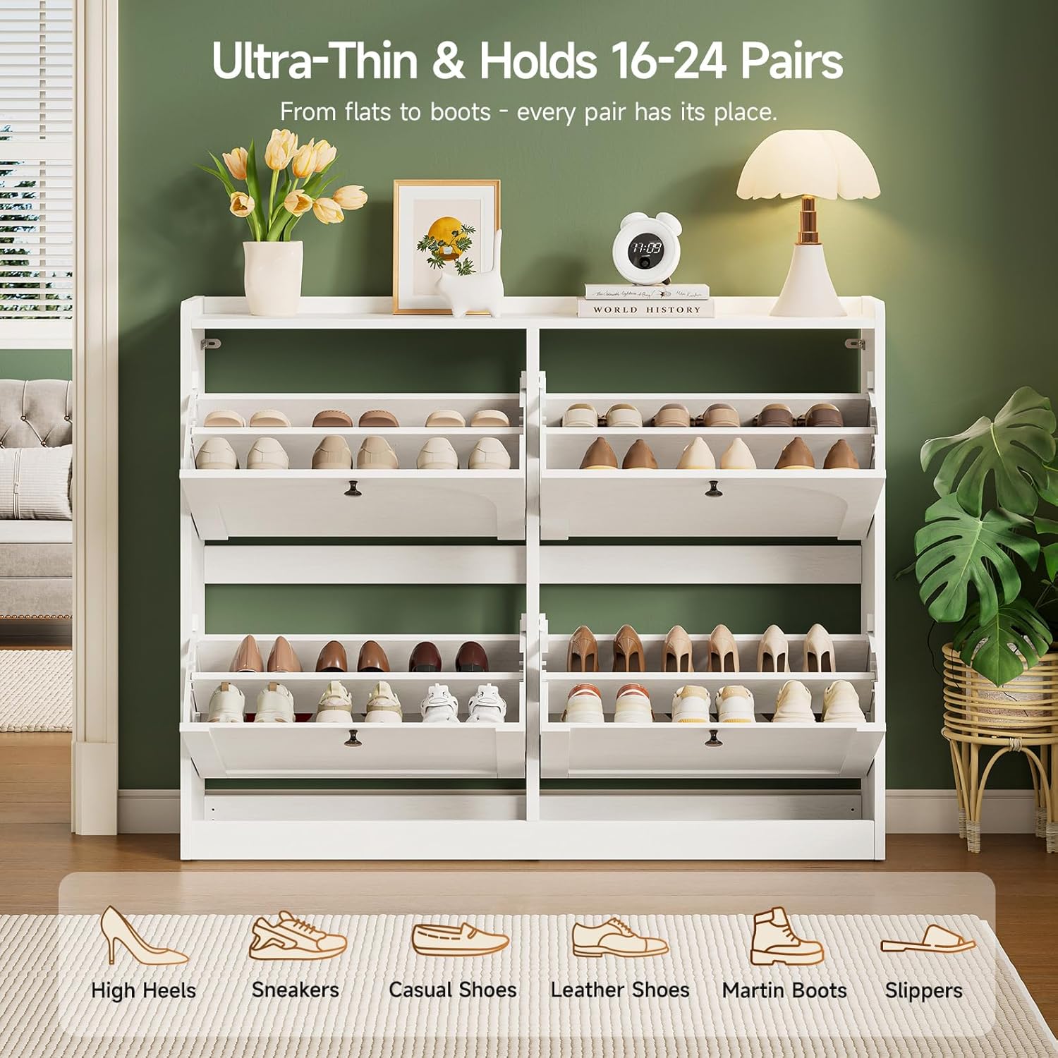 ONBRILL Shoe Cabinet with 4 Flip Drawers, Freestanding Ultra Slim Hidden Shoe Organizer with Classic Arched Pattern, 16-24 Pairs Shoe Storage Cabinet for Entryway Hallway Living Room (White)