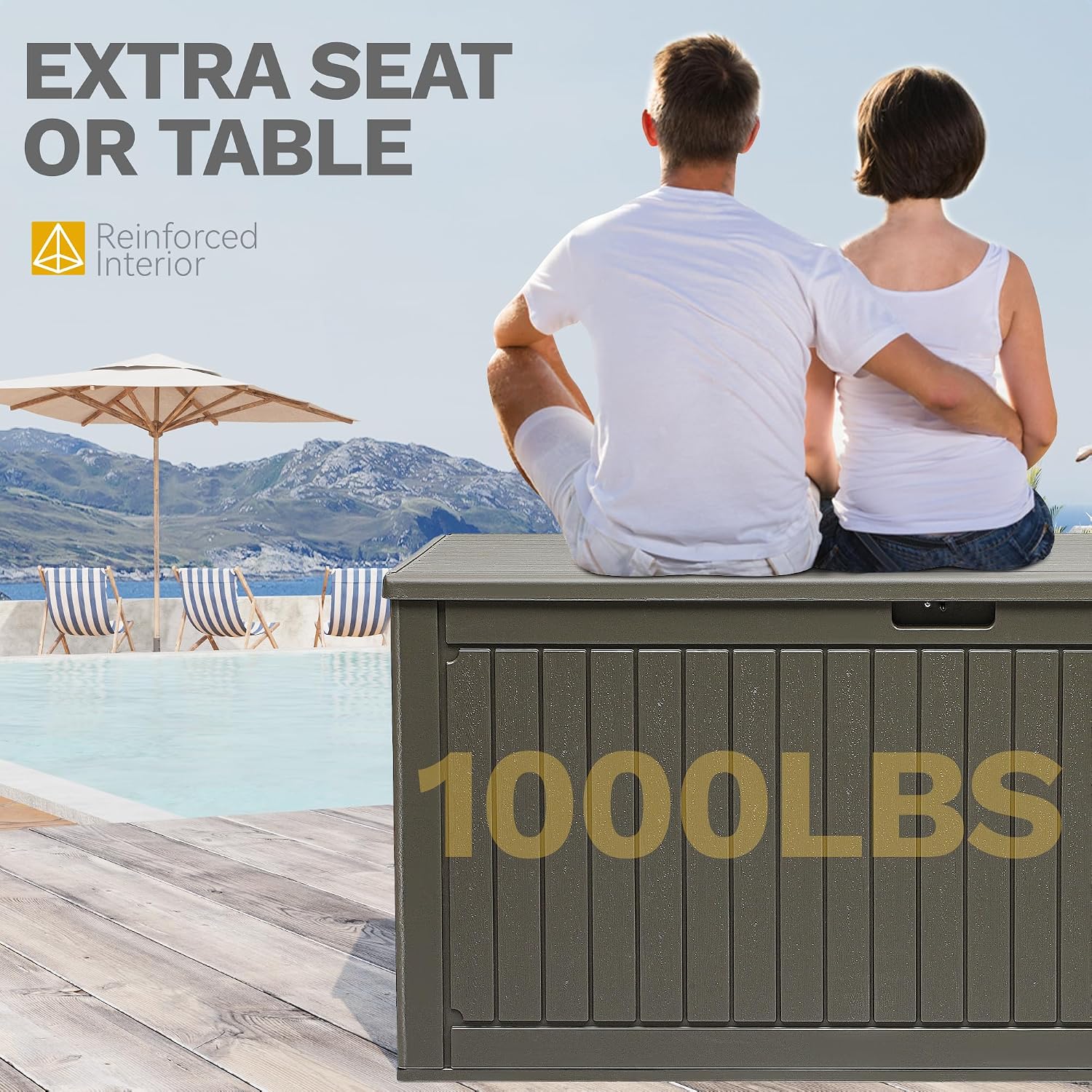 DWVO 320 Gallon Double-Wall Deck Box with Divider, XXL Extra Large Resin Outdoor Storage Box, Lockable & Waterproof, Double as Seating, 1000lbs Capacity (Light Brown)