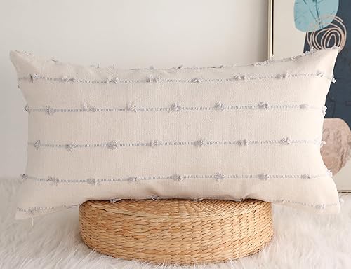 Miniatura 1 de Funda de cojín lumbar larga bohemia de 14 x 24 pulgadas, color gris, patrón clásico de rayas de algodón, funda decorativa de cojín lumbar larga para