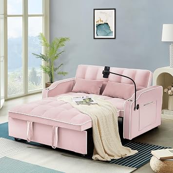 Antetek Sleeper Sofa Couch Bed with USB & Type C Port, Modern 3-in-1 Convertible Velvet Pull Out Loveseat Futon Sofa w/Phone Holder/Cup Holder for Living Room Apartment, Adjustable Backrest, Pink