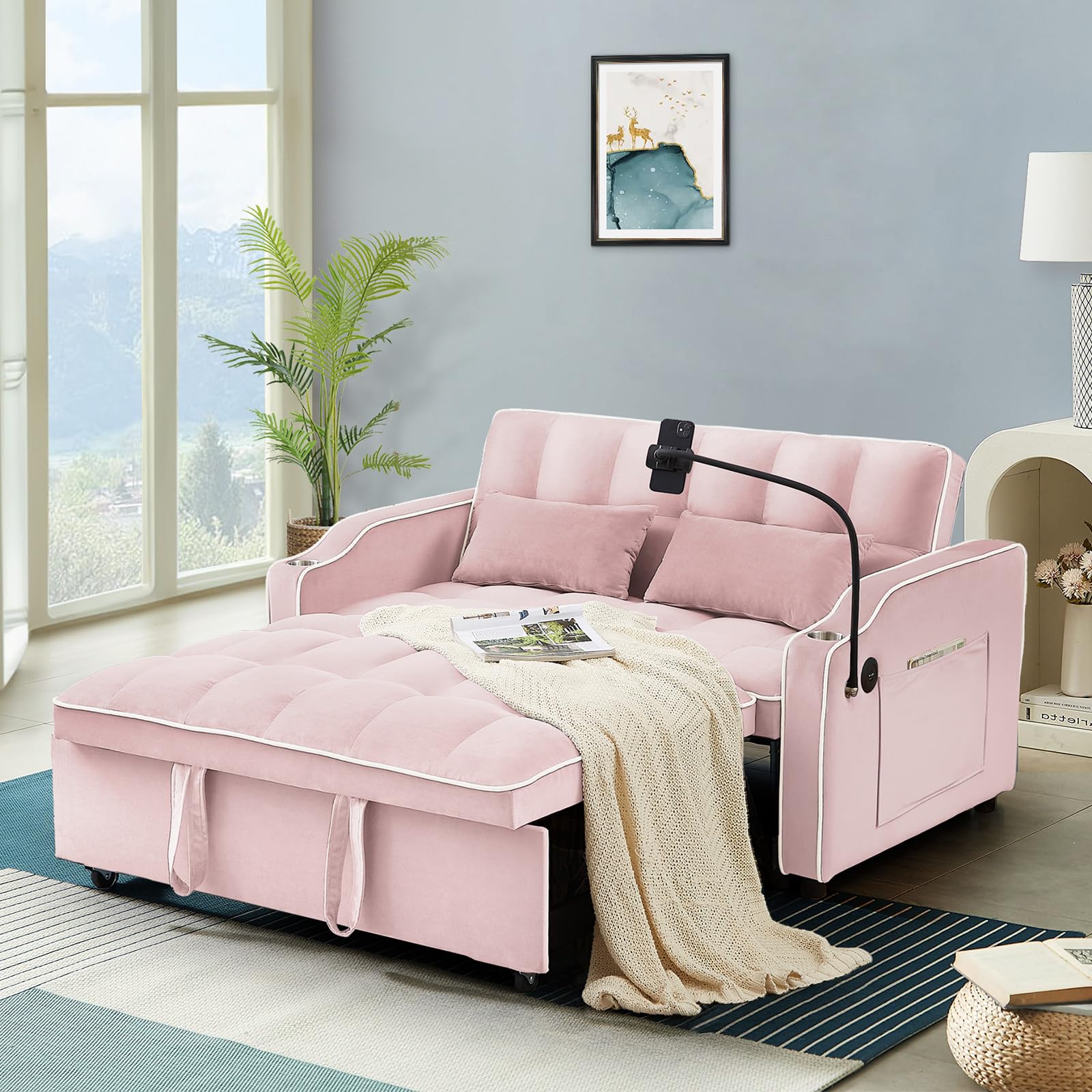 Antetek Sleeper Sofa Couch Bed with USB & Type C Port, Modern 3-in-1 Convertible Velvet Pull Out Loveseat Futon Sofa w/Phone Holder/Cup Holder for