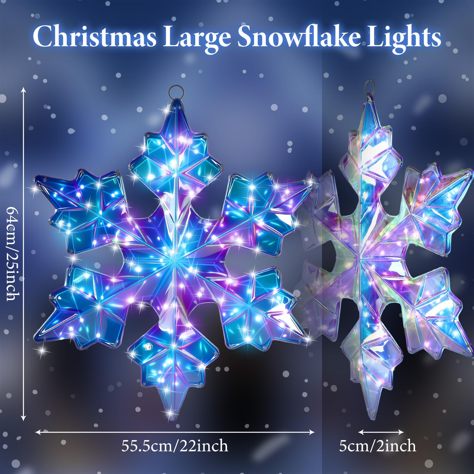Nuanchu Grande guirlande lumineuse de Noël en forme de flocon de neige de 63,5 cm pré-éclairée à 155 DEL à suspendre pour grande fenêtre, lumières prismatiques irisées, imperméables pour Noël, maison