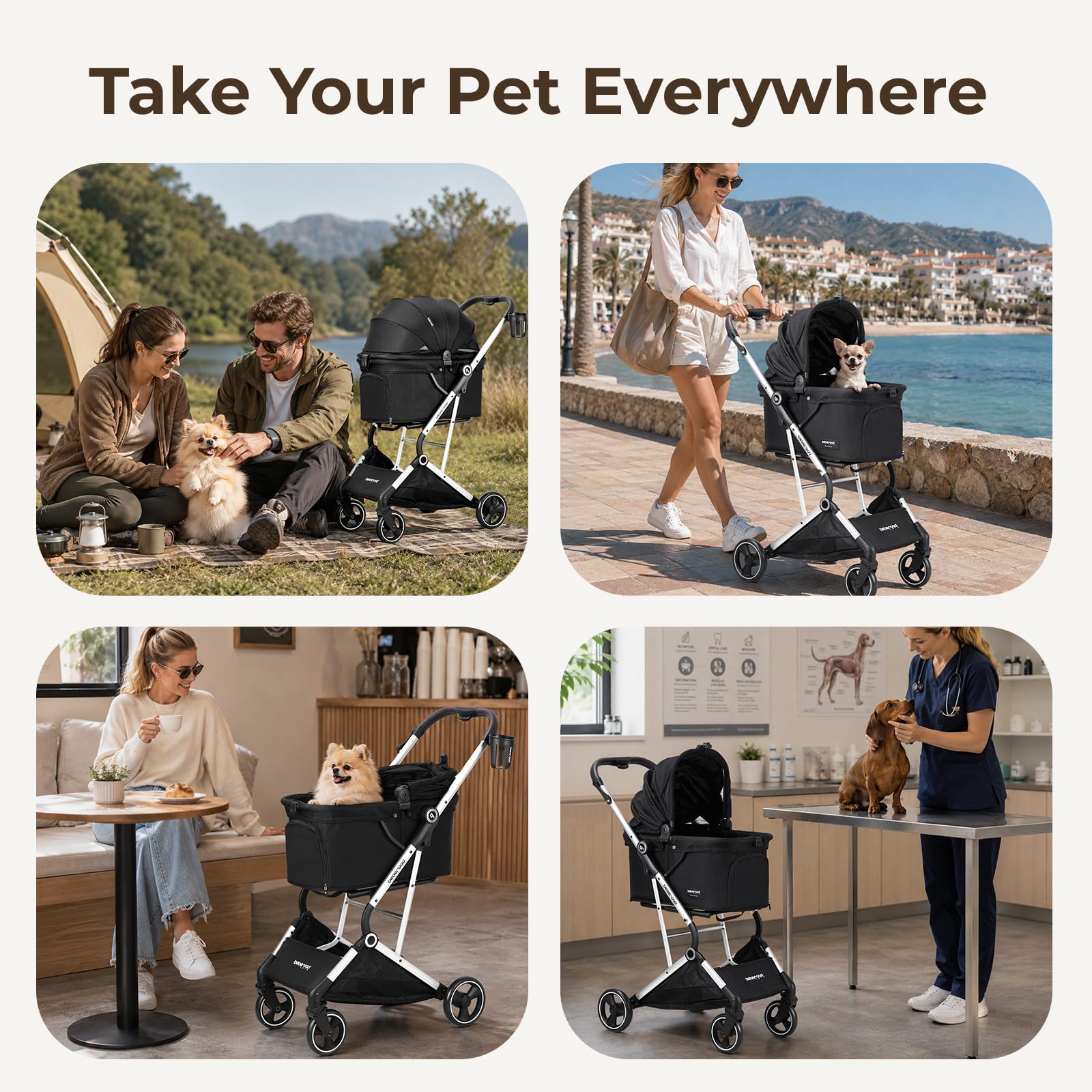 Beberoad T4 Haustier Kinderwagen Hund Katze Kinderwagen für kleine mittlere Hunde Katzen, 4 Räder Travel Folding Carrier Waterproof Puppy Stroller mit Pad, Canopy und Cup Holder, Beige