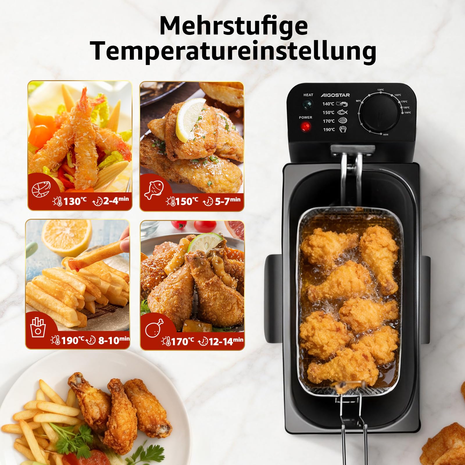 Aigostar Slater - Fritteuse mit öl-3L, 2200 W friteuse mit fett Staubschutzdeckel inkl. Sichtfenster, stufenloser Temperaturregler bis 190°C, Abnehmbare Teile, Einfach zu Reinigen, knusprige Pommes