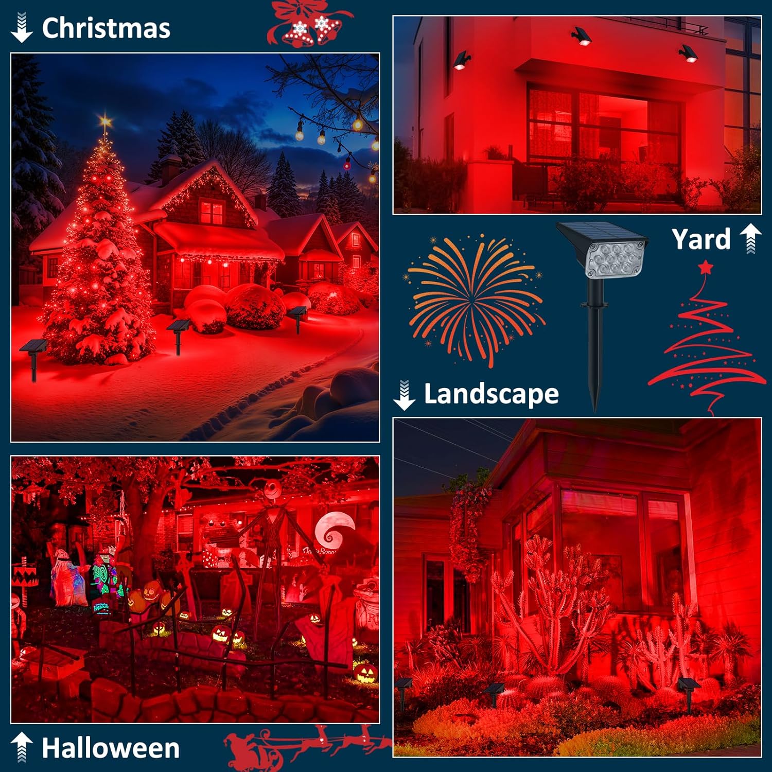 T-SUNUS Halloween Solar Spot Lights Red, IP65 Waterproof Green Landscape Spotlights Solar Powered Wall Lights Dark Sensing Auto On/Off 2 Modes Outdoor Garden Lights for Yard Porch 6 Pack