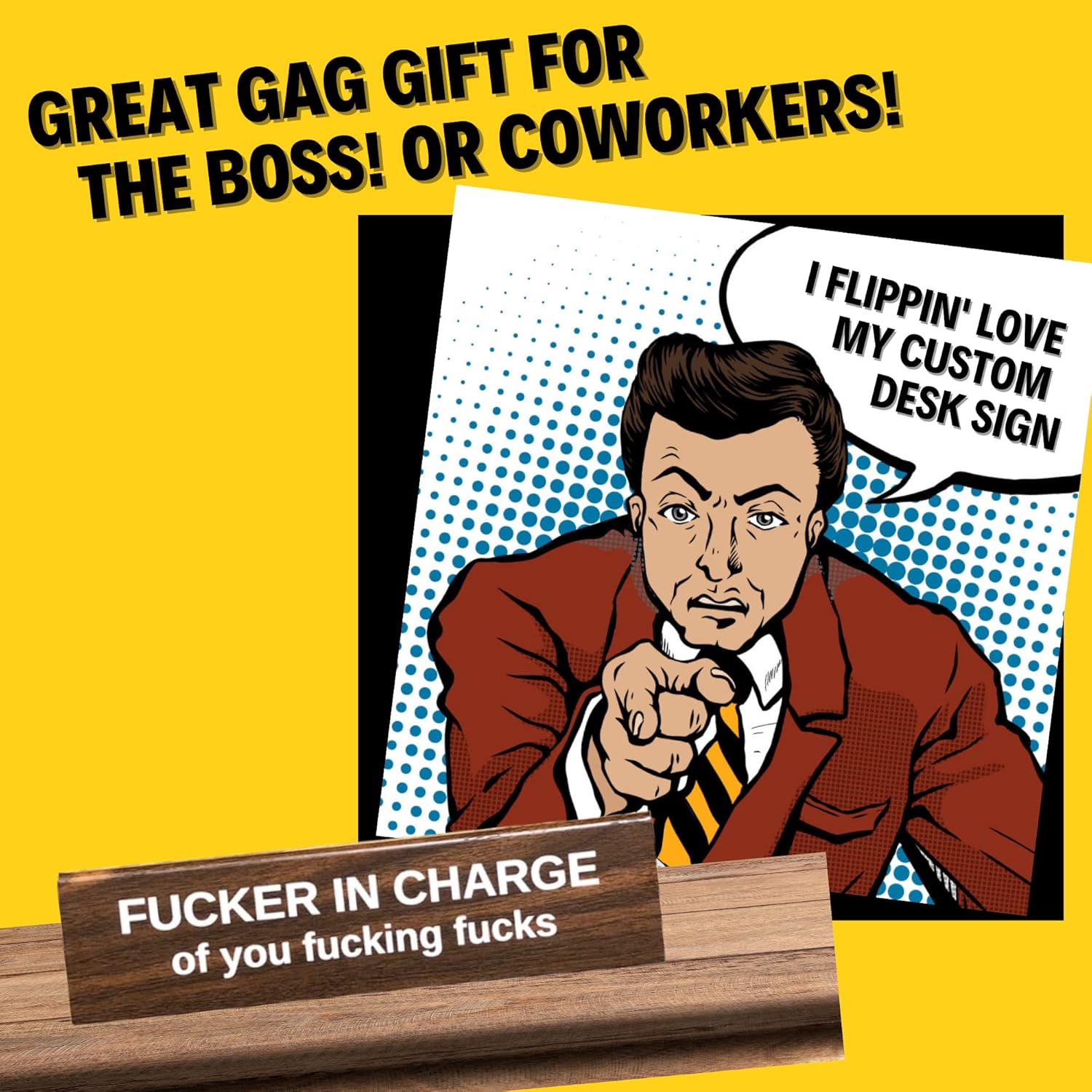 FUCKER IN CHARGE Double Sided Tented Funny Desk Sign | Coworker Gift Custom Engraved Desk Name Plate | Boss Gag Gift for Work | Funny Customizable Office Sign